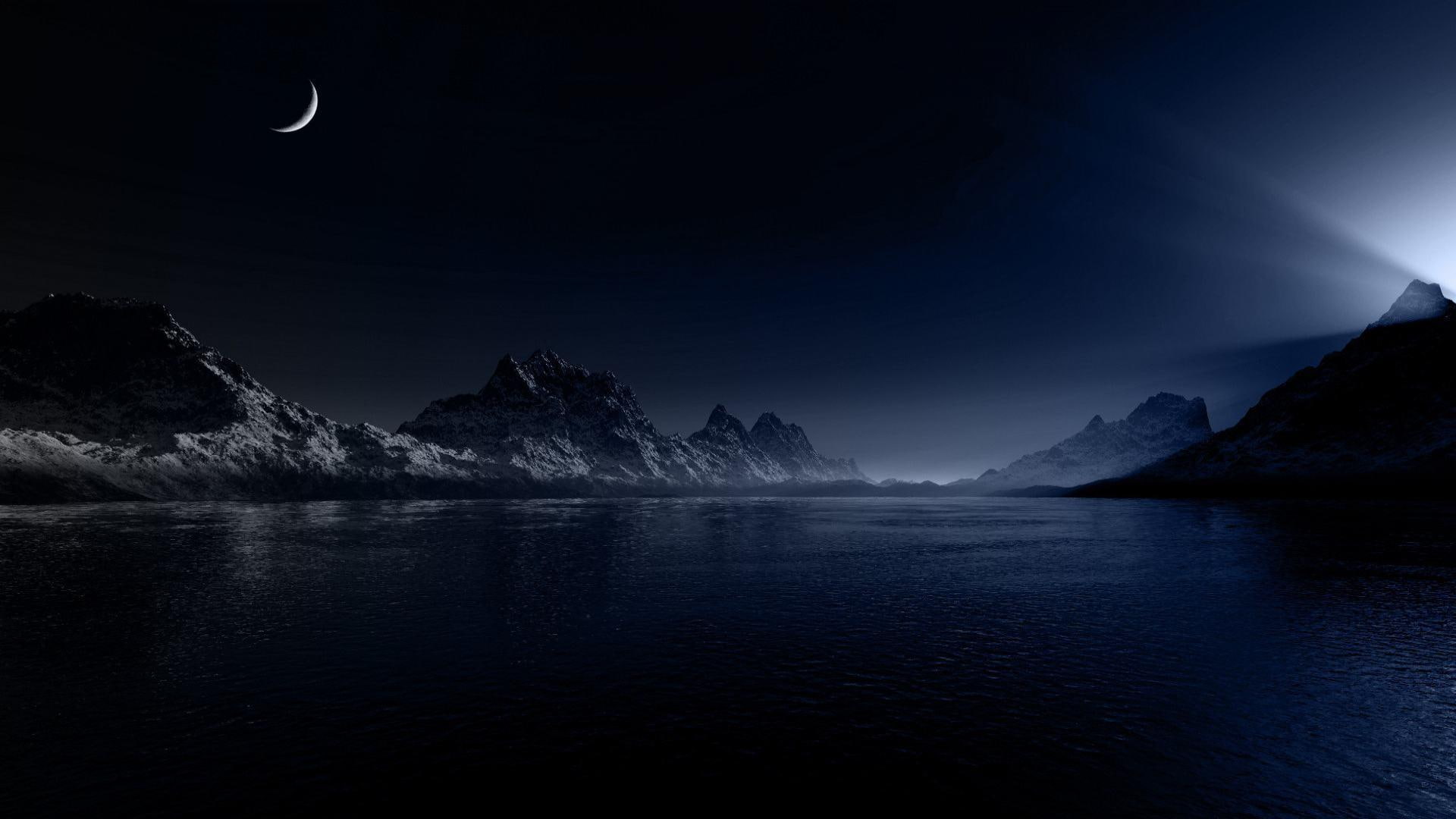 1080P, moon, light, peaks, nature, lake, night, HD Wallpaper