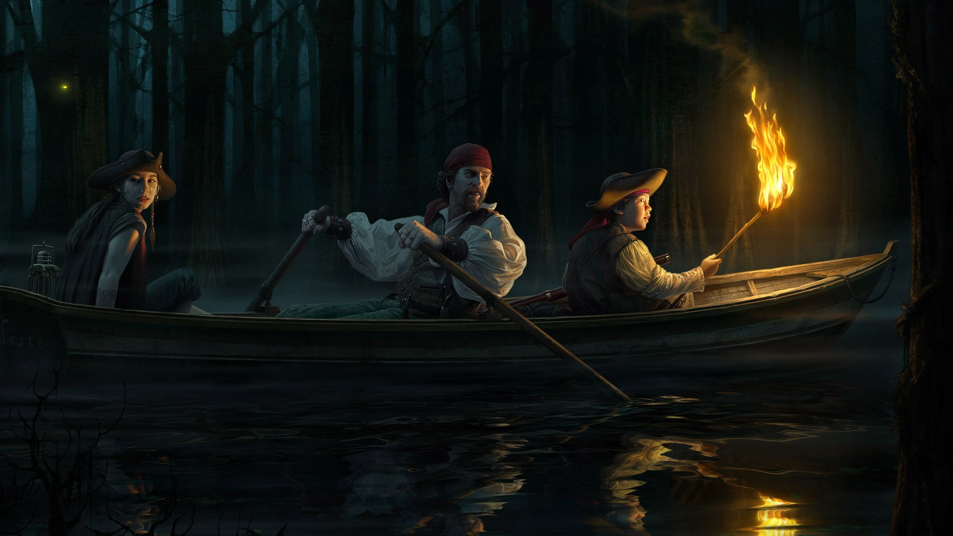 boat, sitting, men, 1080P, sea, males, illuminated, clothing, oar, transportation, persons, three, water, people, photo, nautical vessel, holding, mode of transportation, HD Wallpaper