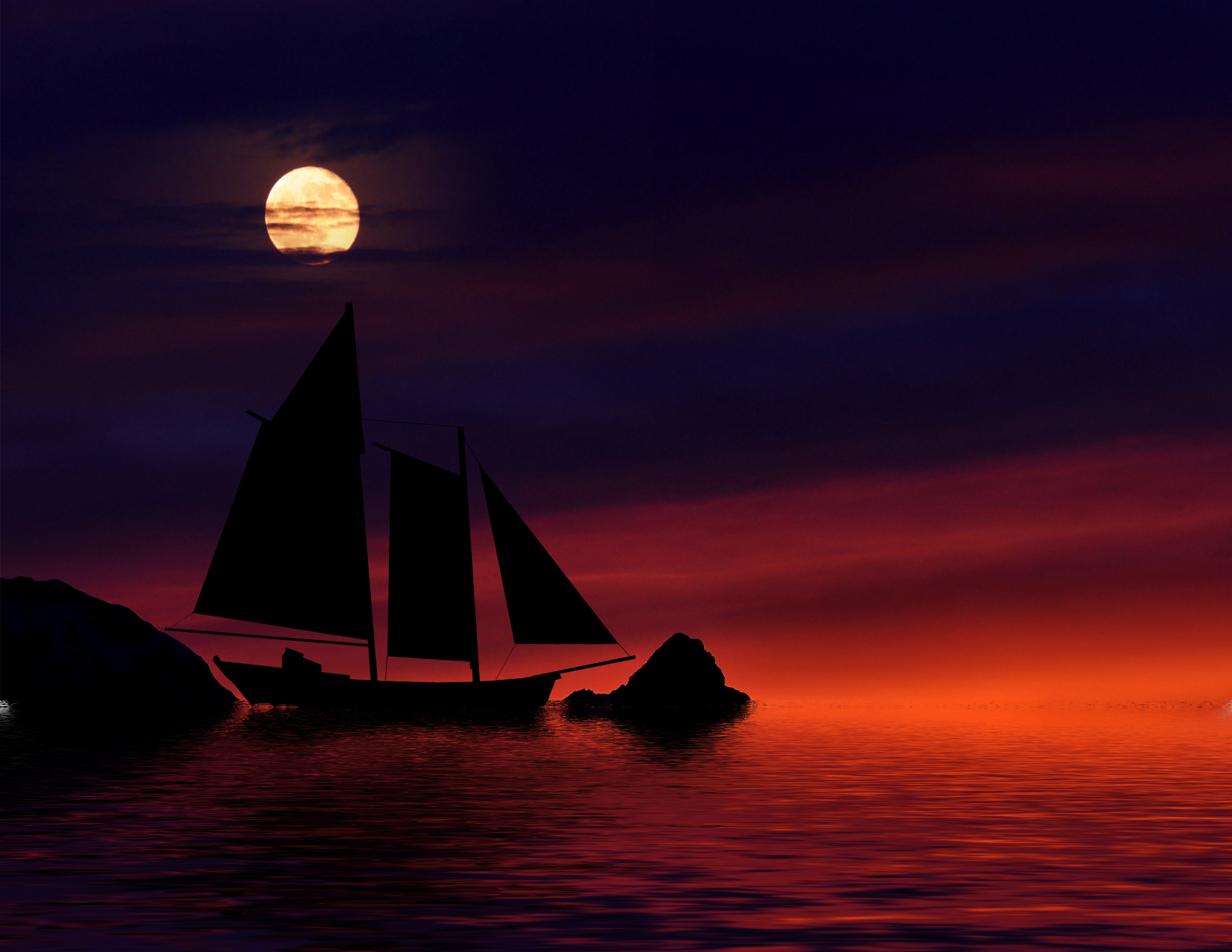 painting, no people, sky moon, water, scenics - nature, dusk, tranquility, sunset, sail, nautical Vessel, silhouette, boat, 2K, moon, sea, full moon, vacations, HD Wallpaper