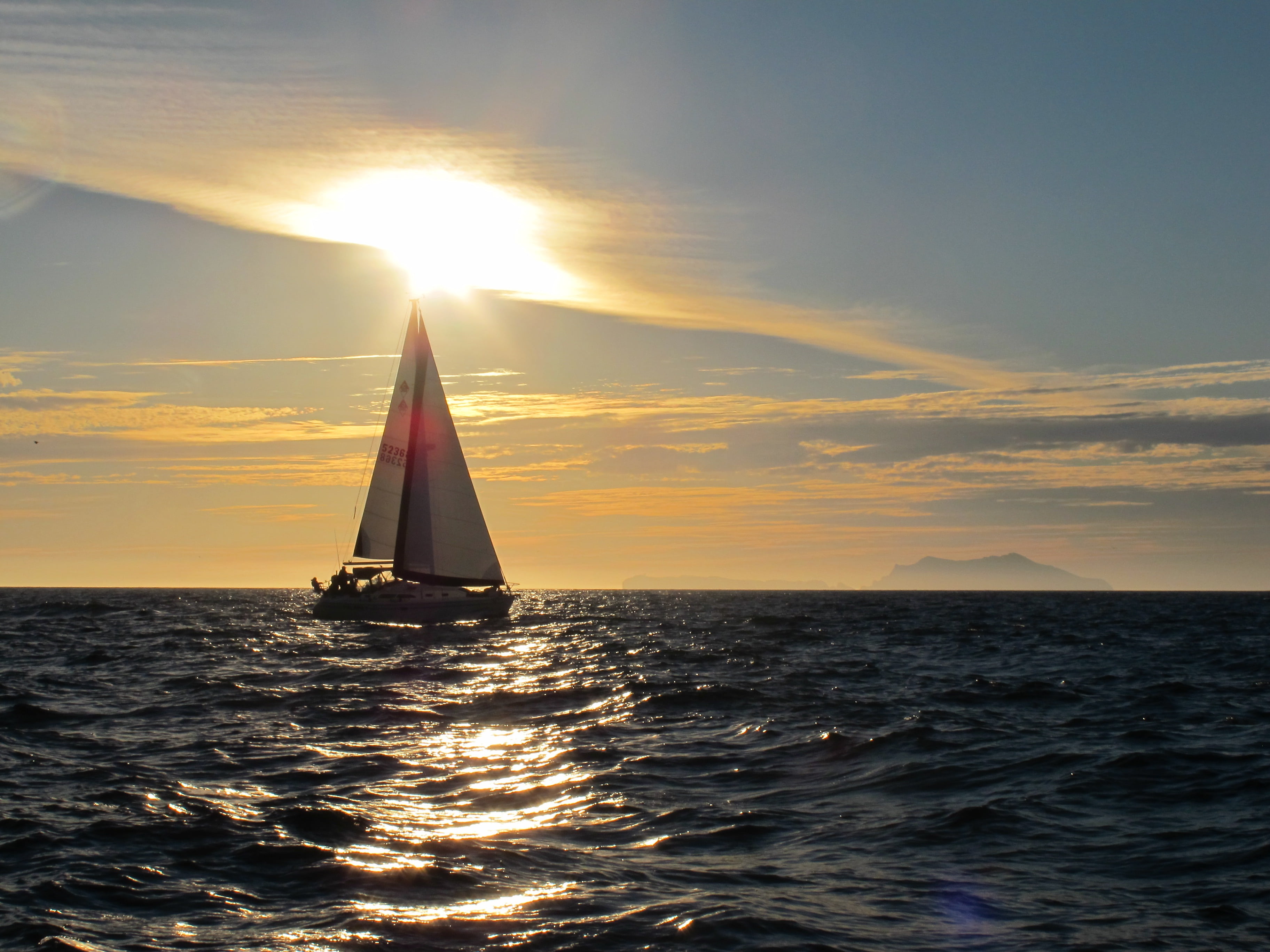 sailing boat, no people, horizon over water, sail, navigation, sunbeam, daytime, blue, cloud - sky, beauty in nature, wind, body, transportation, sunset, HD Wallpaper