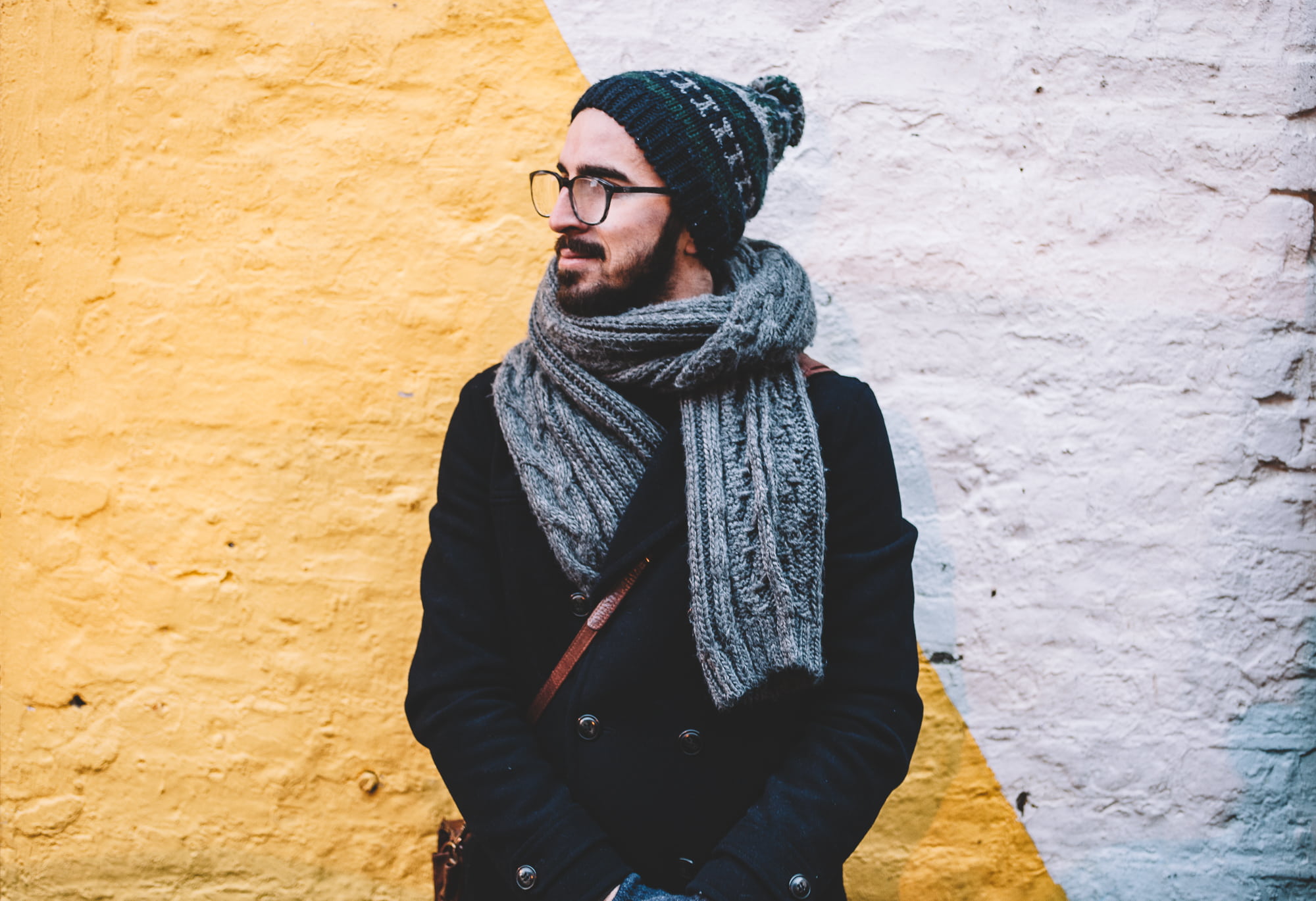 coat, warm clothing, beanie, young Adult, real people, sunglasses, adult, standing, fashion Model, looking away, glasses, one Person, facial hair, fashion, HD Wallpaper