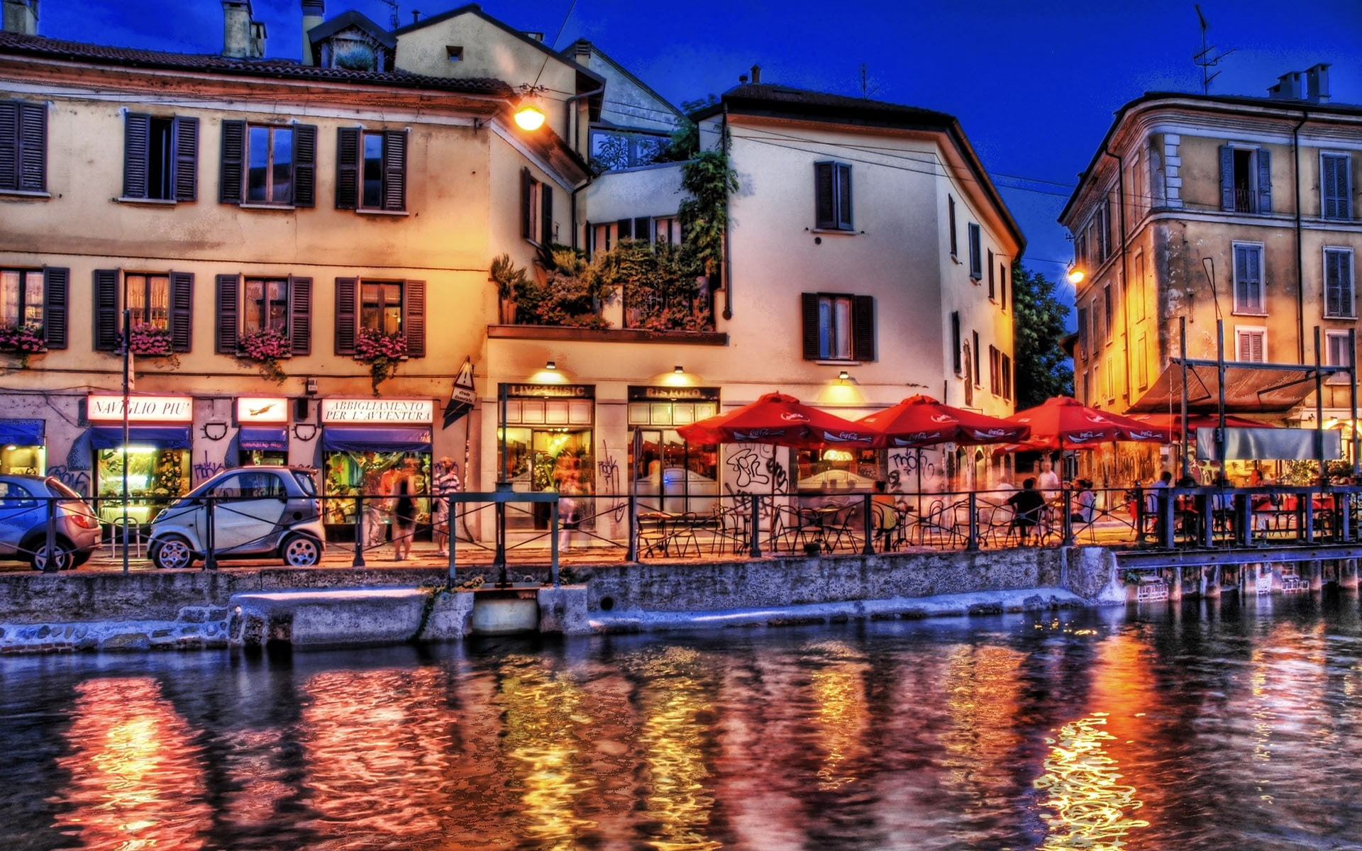town, cafes, harbor, white, building, dusk, residential district, city, transportation, restaurant, tourism, city Life, twilight, river, outdoors, shops, HD Wallpaper
