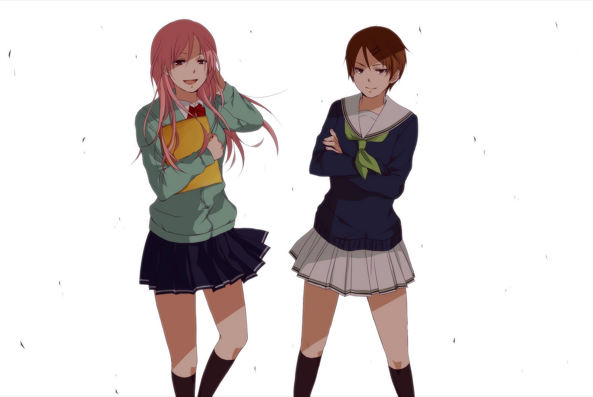 standing, two people, characters, vector, females, white background, skirt, anime, fashion, beautiful, teenage Girls, Schoolgirls, young Adult, women, cute, HD Wallpaper