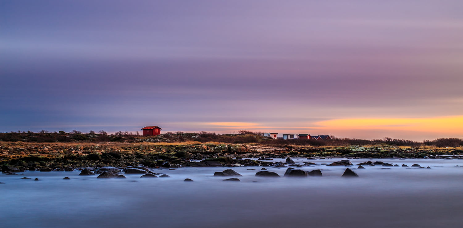 rock, nd  filter, photo, vik, body of water, red house, body, long exposure, house, water, havet, fbg, bay, sunset, nature, sverige, landskap, 720P, natur, HD Wallpaper