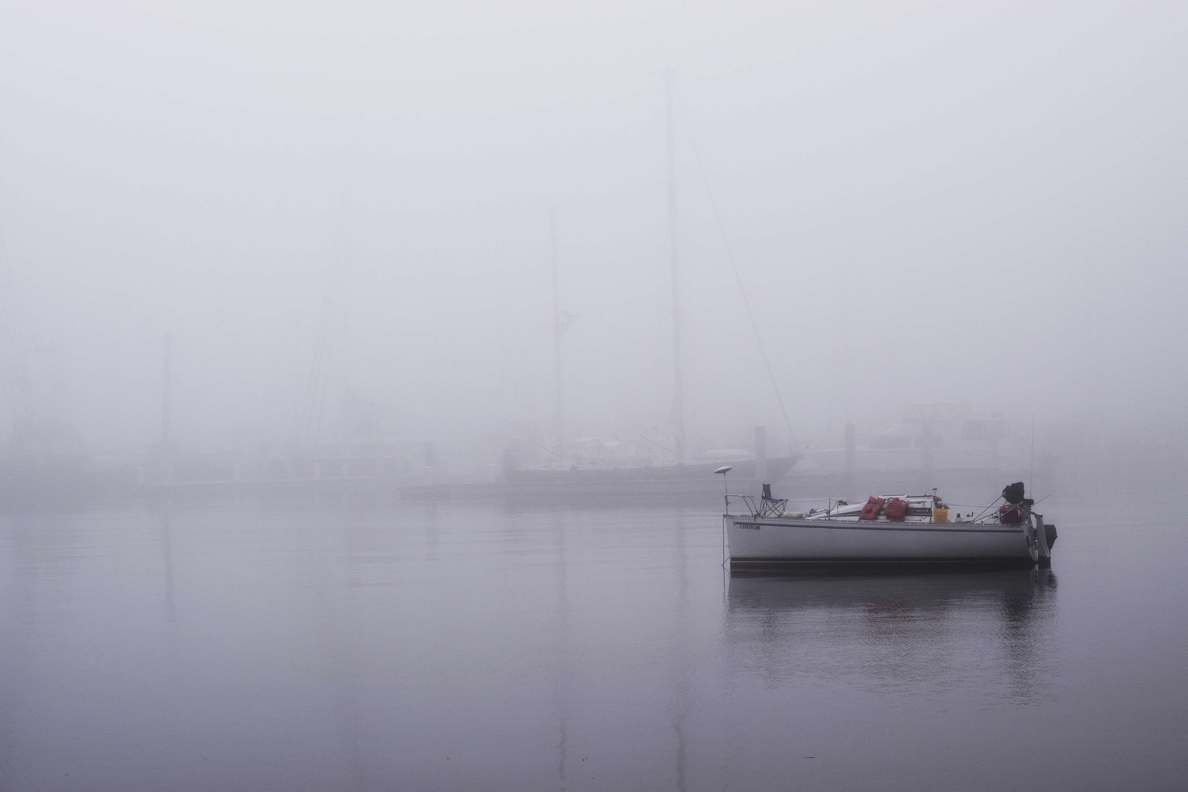 sea, nature, mode of transportation, 4K, outdoors, day, water, sailboat, bay, overcast, daybreak, waterfront, fog, travel, sky, tranquil scene, boat, silhouette, HD Wallpaper