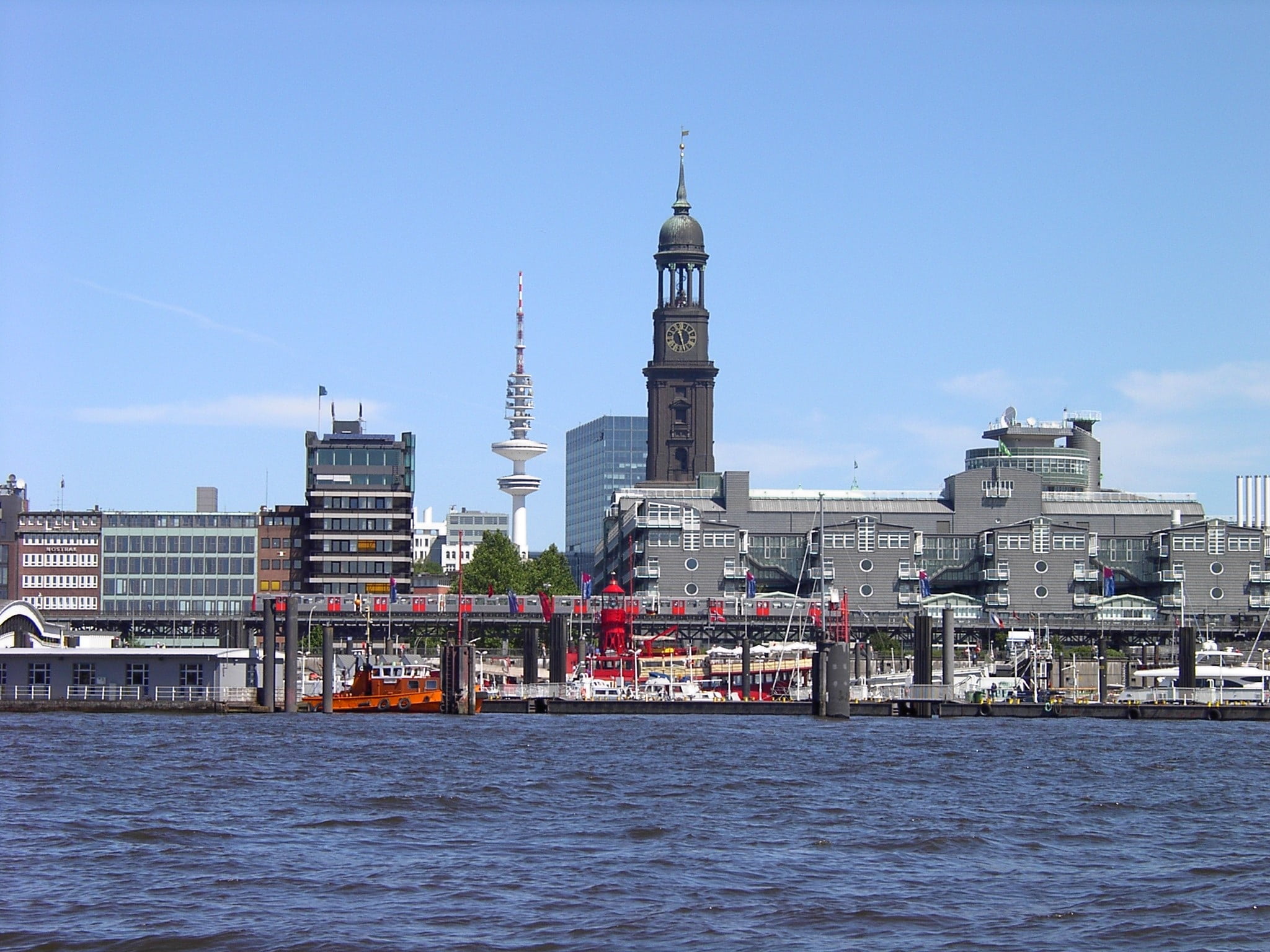 city, 1080P, spire, elbe, tower, water, skyscraper, no people, tourism, outdoors, day, waterfront, religion, built structure, cityscape, office building exterior, HD Wallpaper