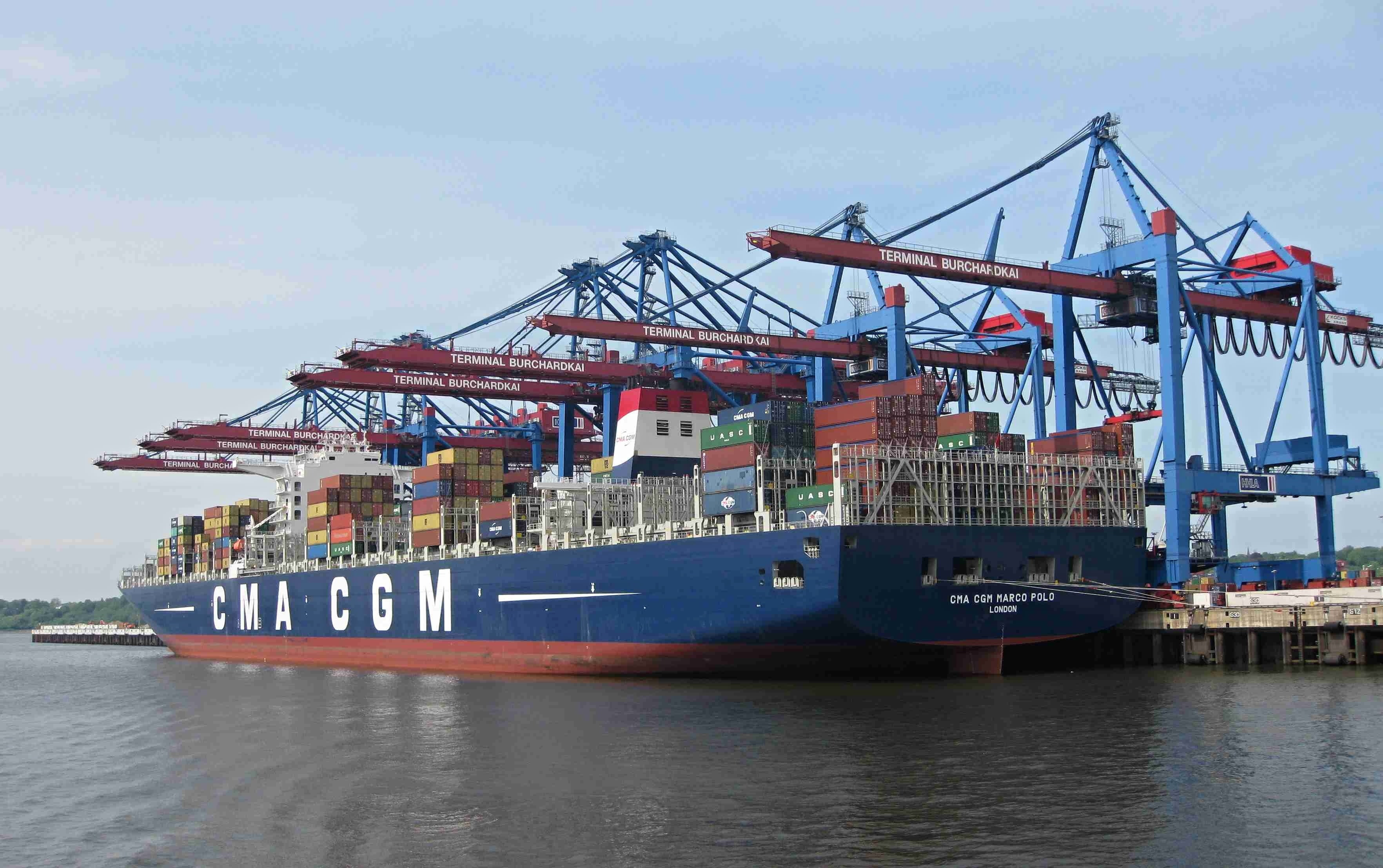 crane - construction machinery, elbe, burchardkai, industrial Ship, marco polo, cargo Container, sky, hamburg, freighter, commercial Dock, problematic, HD Wallpaper