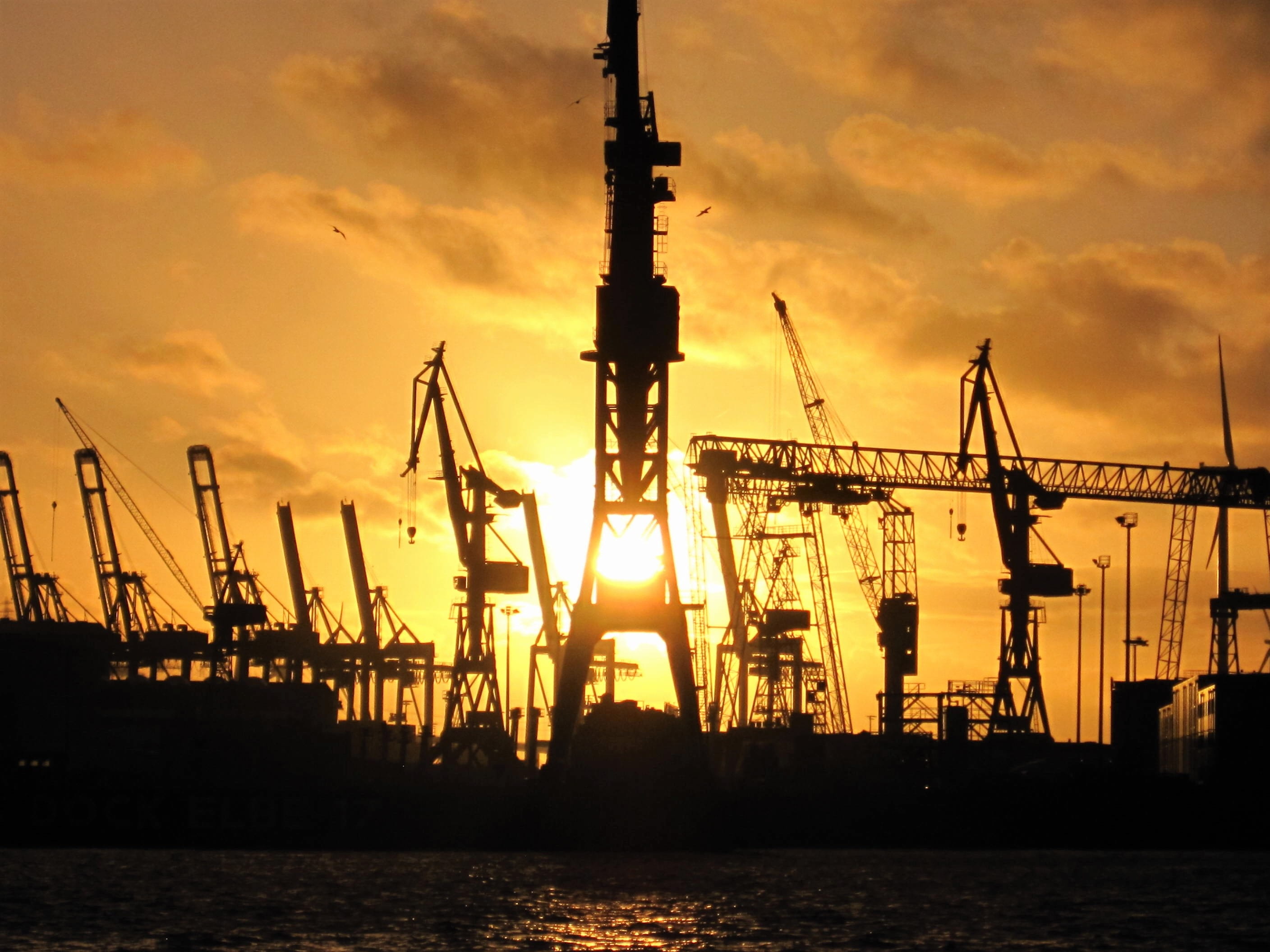 elbe, machinery, Hamburg, crane - Construction Machinery, pier, construction equipment, business, cloud - sky, architecture, freight Transportation, sunrise - Dawn, HD Wallpaper