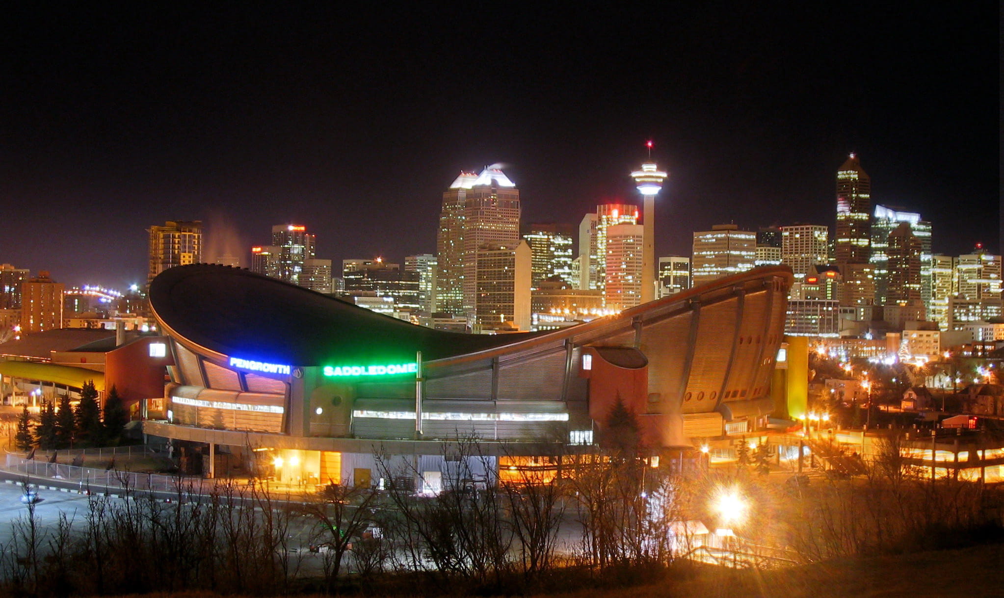 architecture, famous Place, building, Lights, downtown District, towers, skyline, saddledome, nature, Canada, dark, landscape, travel destinations, built Structure, HD Wallpaper
