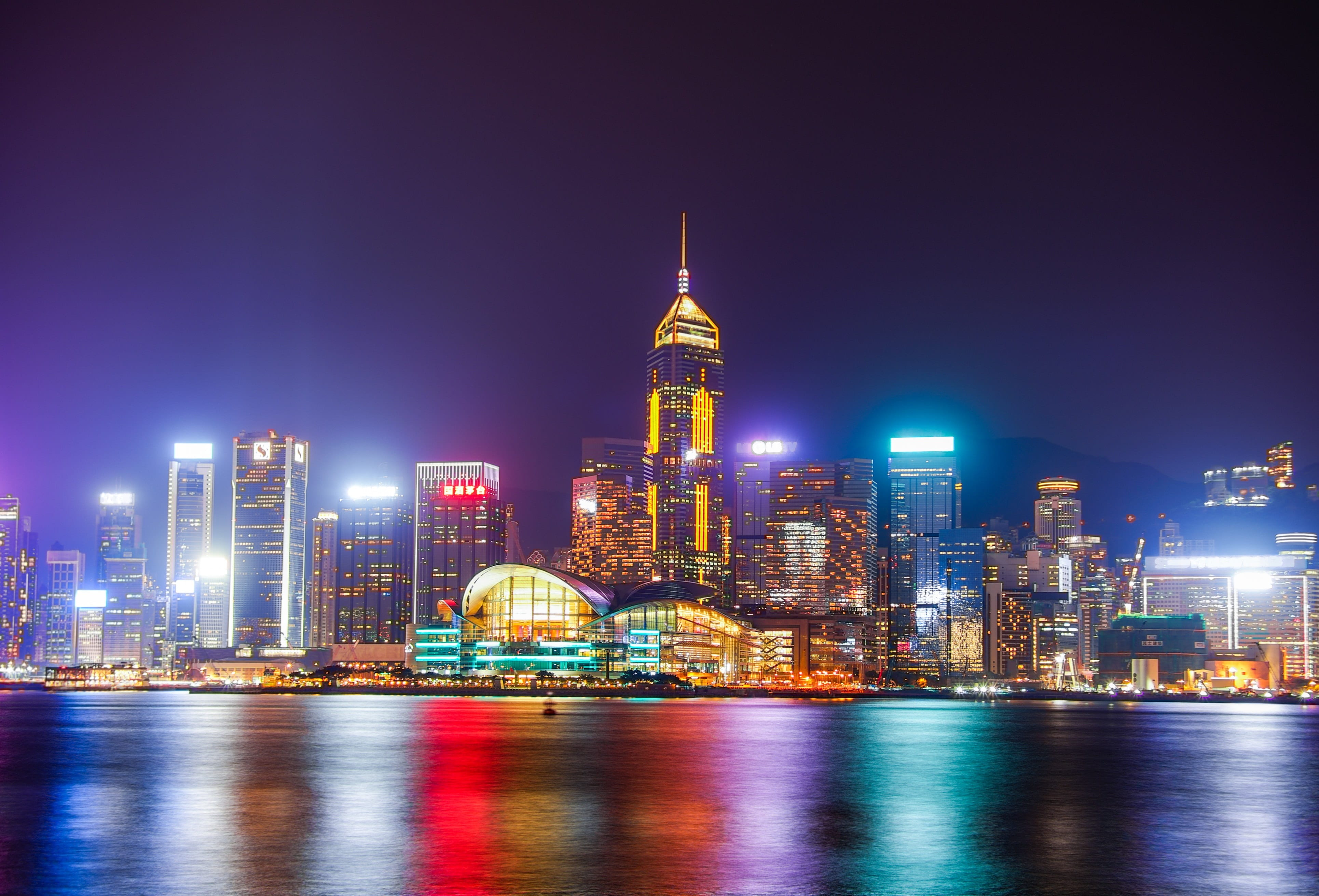architecture, illuminated, financial district, cityscape, hong kong, urban, office, tall buildings, urban skyline, commercial, night, building, travel, HD Wallpaper