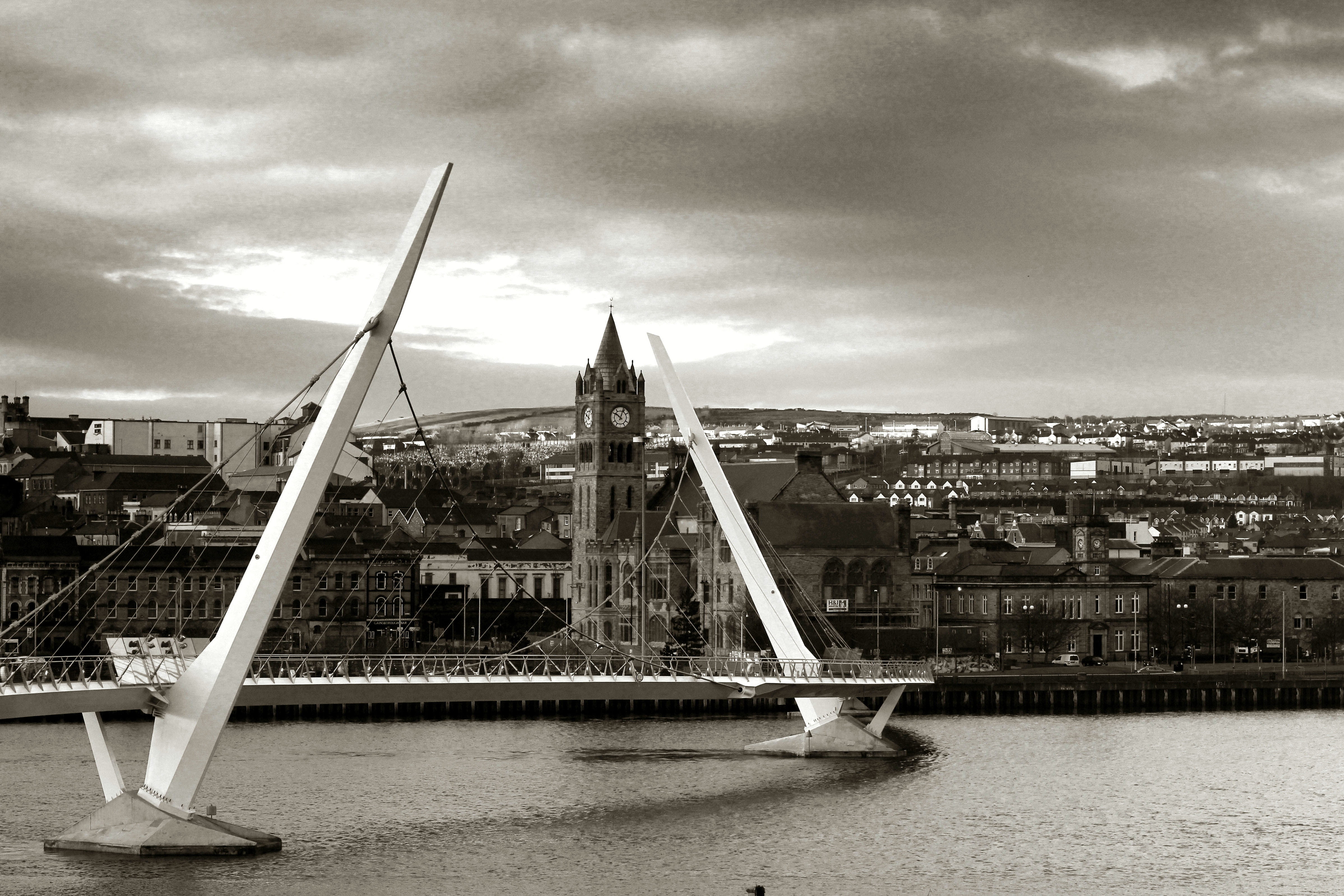 bridge - Man Made Structure, nature, europe, clouds, sky, connection, london - England, cloud - sky, monochrome, thames River, transportation, travel Destinations, HD Wallpaper