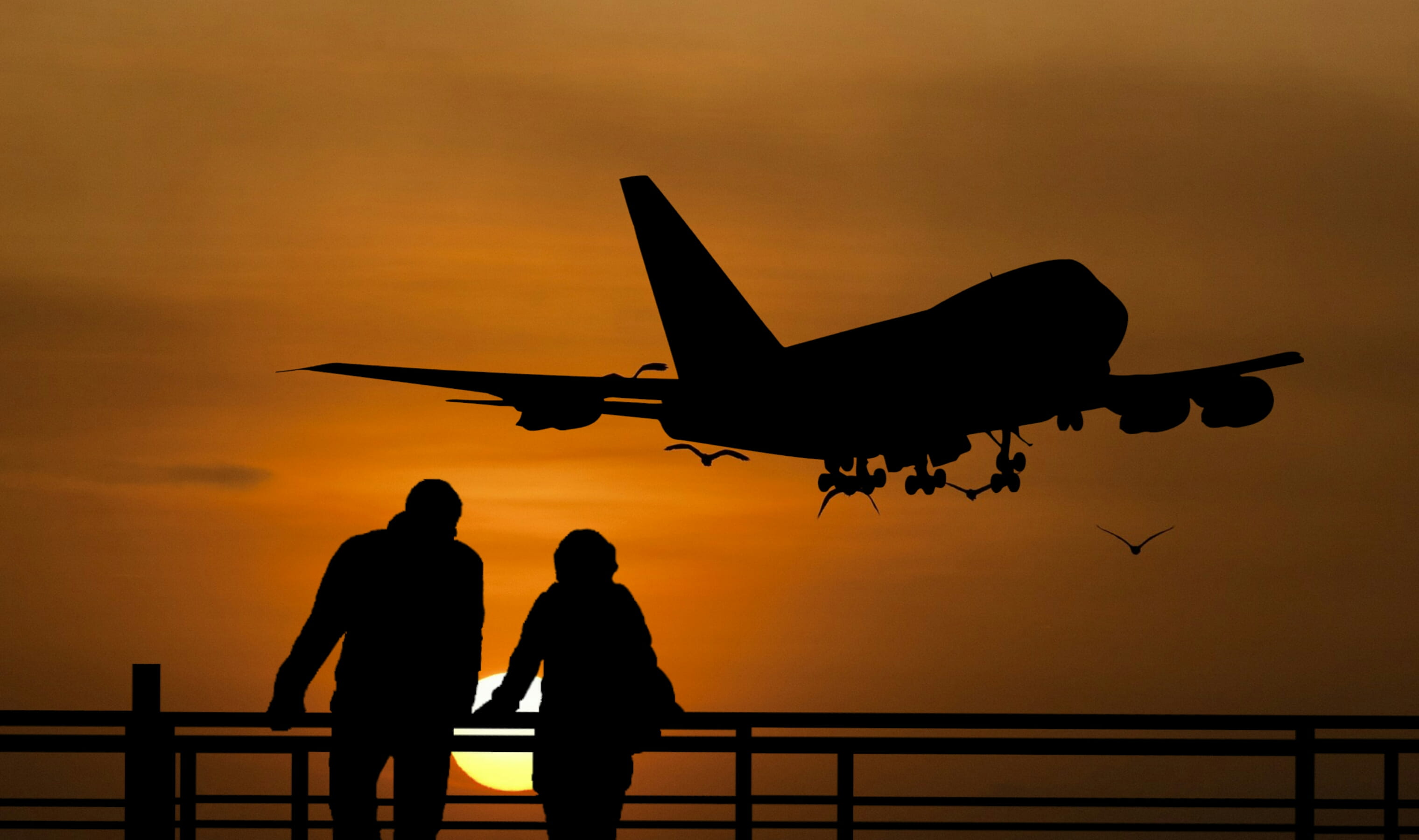 nature, man, waiting, aerospace industry, men, travel, couple, jumbo, orange color, sunset, railing, adult, skyline, illustration, together, air vehicle, HD Wallpaper