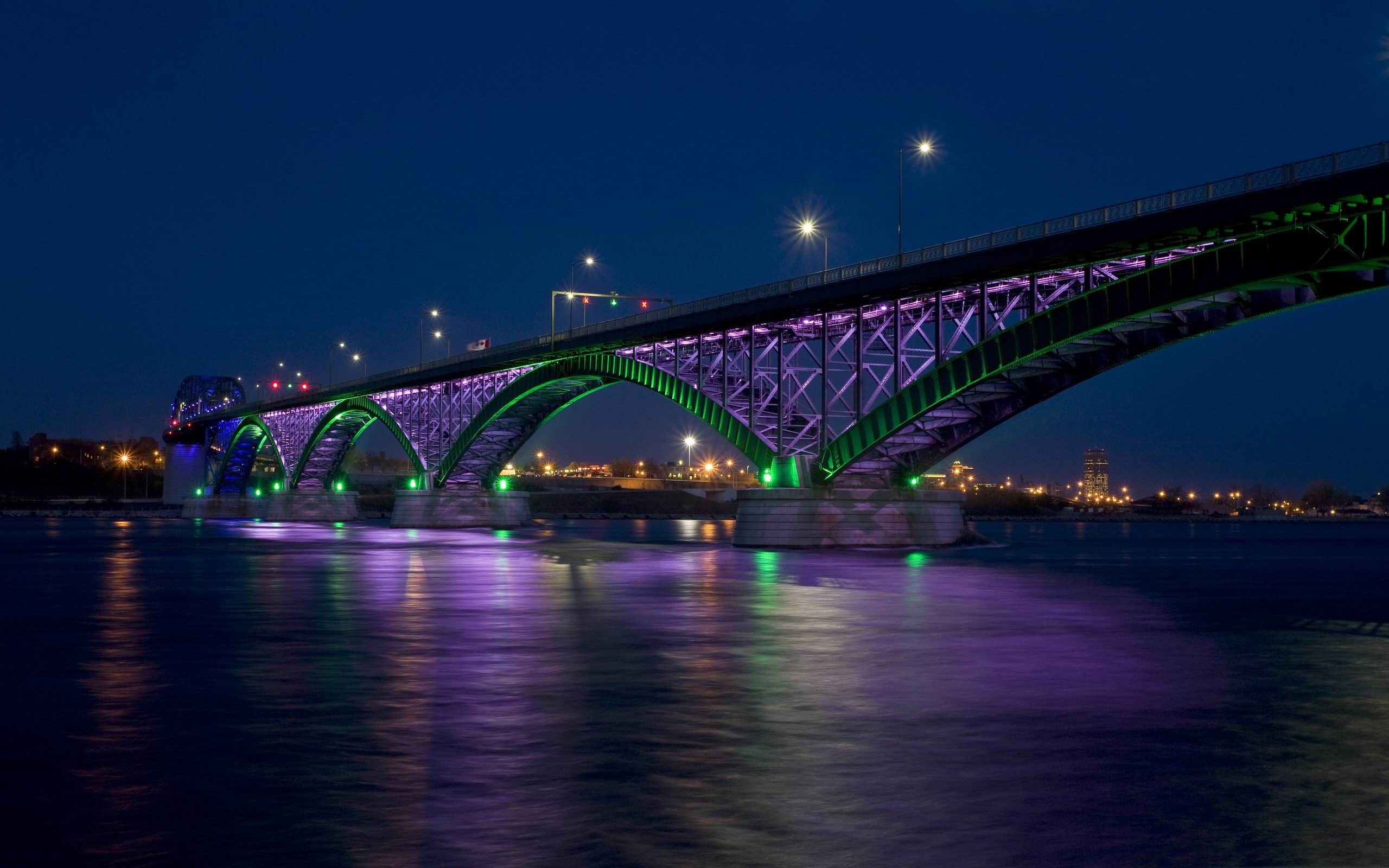 landscape, architecture, reflection, truss, gray, bridge, city, nature, river, water, connection, illuminated, outdoors, purple, waterfront, arch bridge, HD Wallpaper