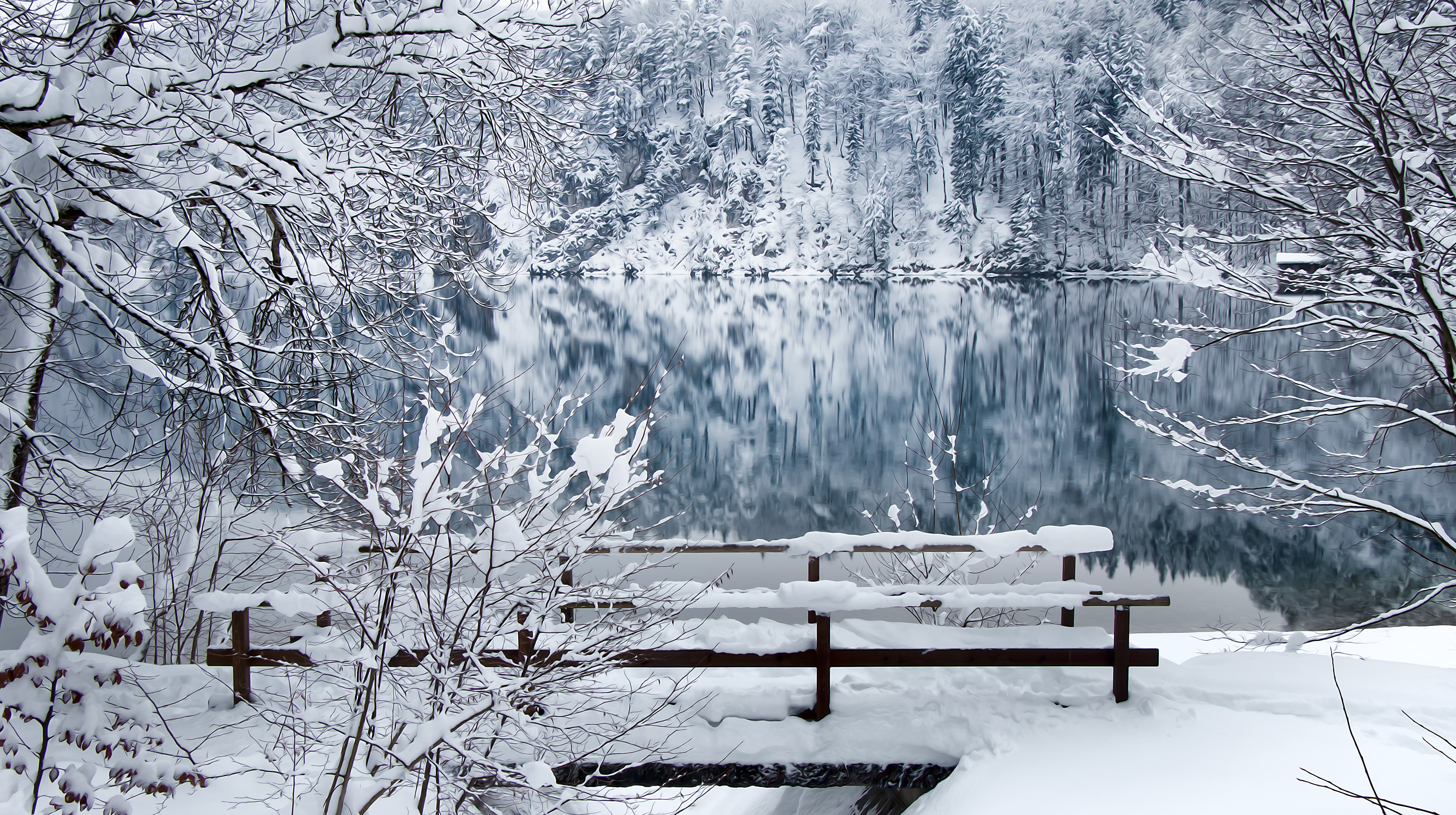 black, Winter, wooden, trees, füssen, wooden bench, peaceful, snow  lake, 5K, bench, snow, cold, nature, bridge, reflection, neuschwanstein, beautiful, HD Wallpaper