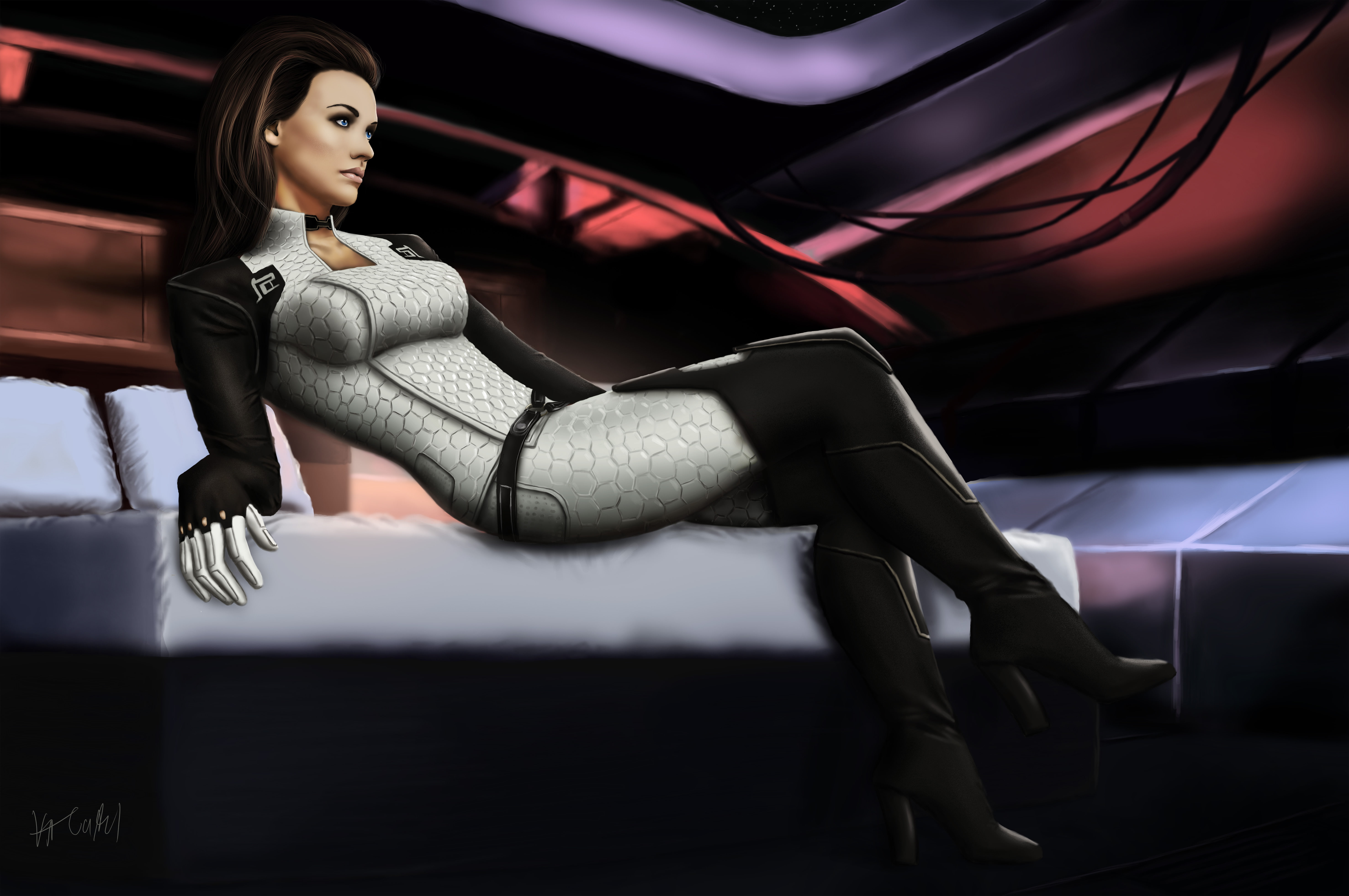bed, mass effect, 5K, miranda lawson, cabin, art, Cerberus, Miranda, girl, HD Wallpaper