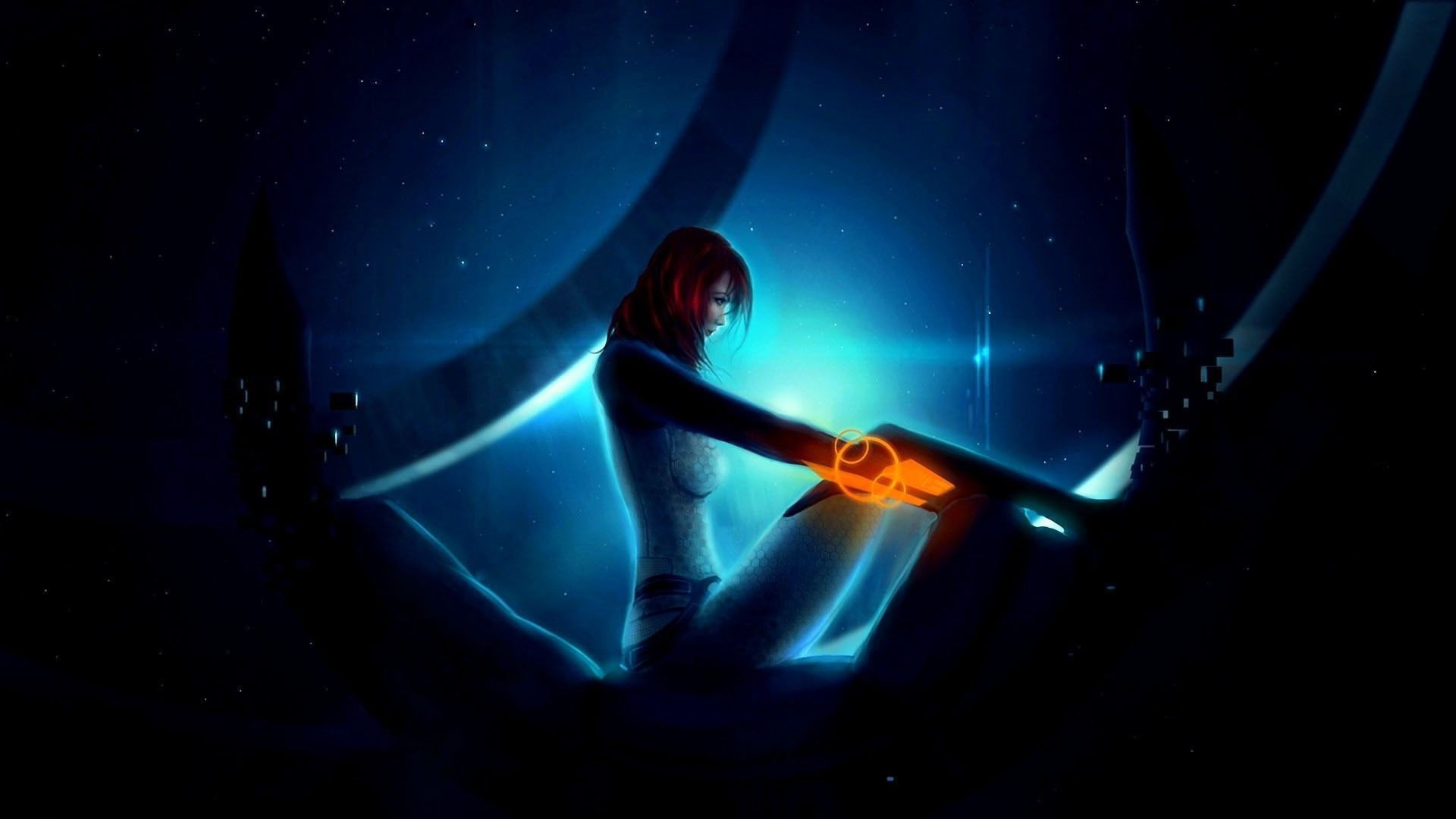 adult, laser, 1080P, glowing, human body part, looking, mystery, star - space, dark, control, blue, night, technology, illuminated, light beam, mass effect 2 miranda lawson video games, HD Wallpaper