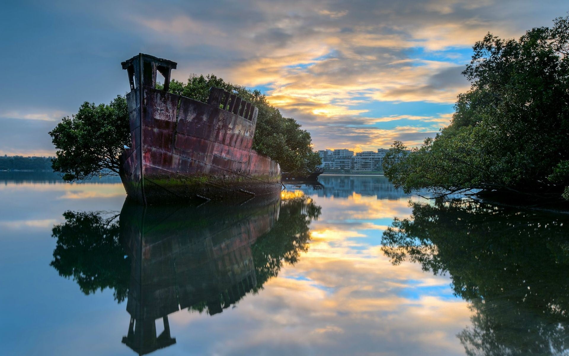 nature, orange color, beauty in nature, Sydney, waterfront, building exterior, sunset, water, sky, lake, green, reflection, tranquility, no people, built structure, HD Wallpaper