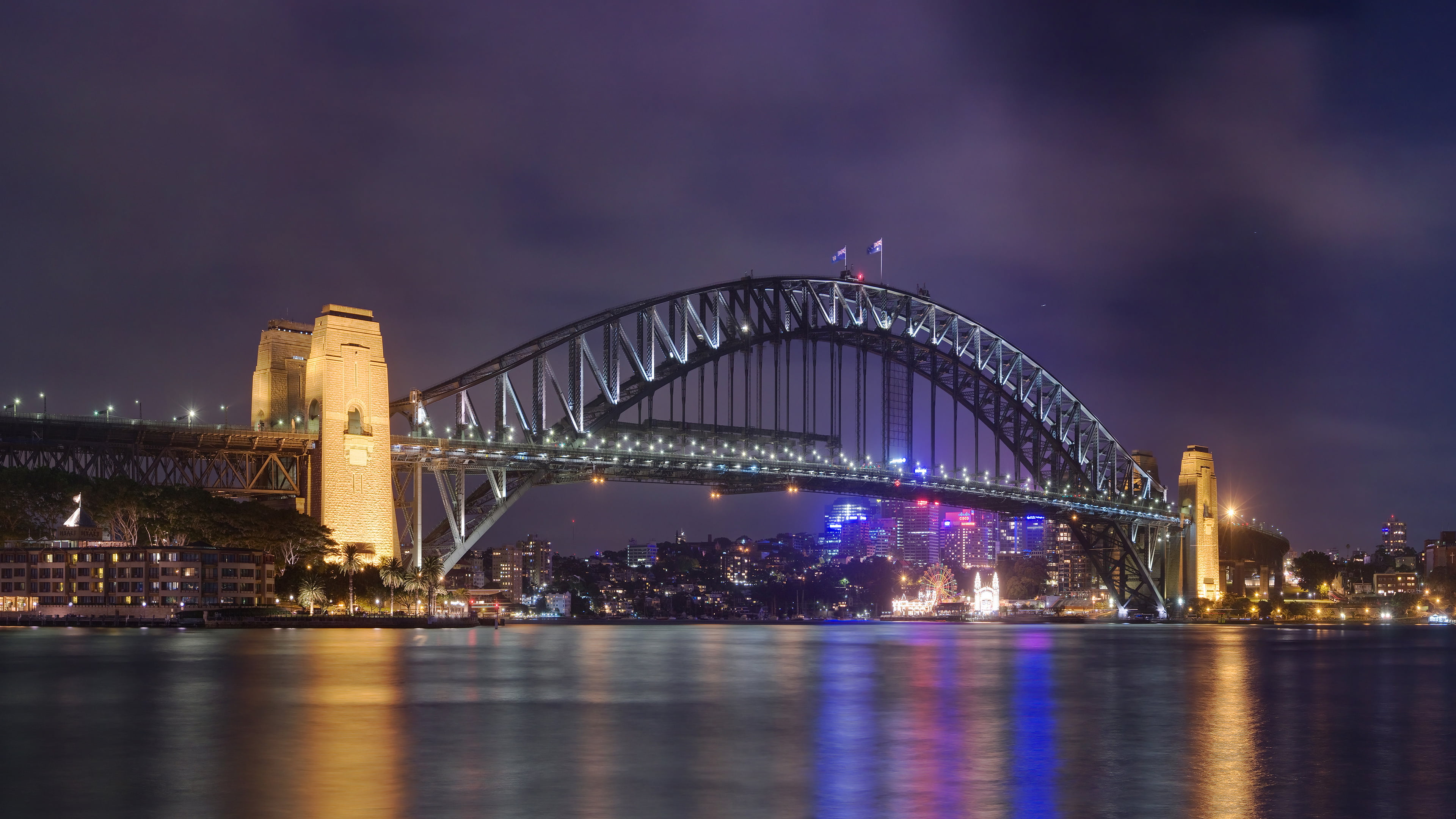 nature, transportation, office building exterior, arch bridge, 4K, purple, bridge - man made structure, night, architecture, waterfront, sydney, travel destinations, HD Wallpaper