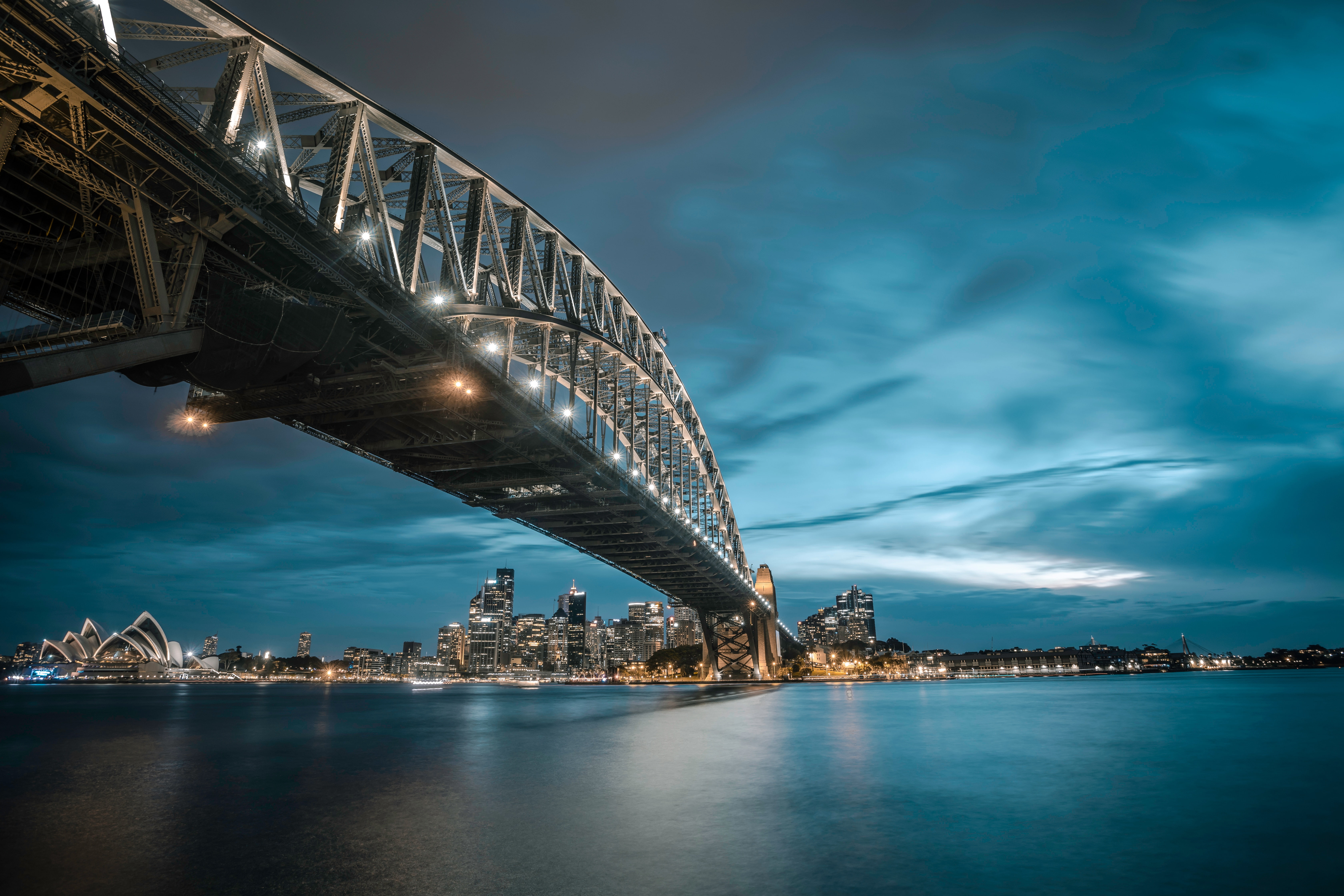 city lights, Sydney Harbour Bridge, water, bridge, city, Sydney Harbour, clouds, 5K, Sydney, HD Wallpaper