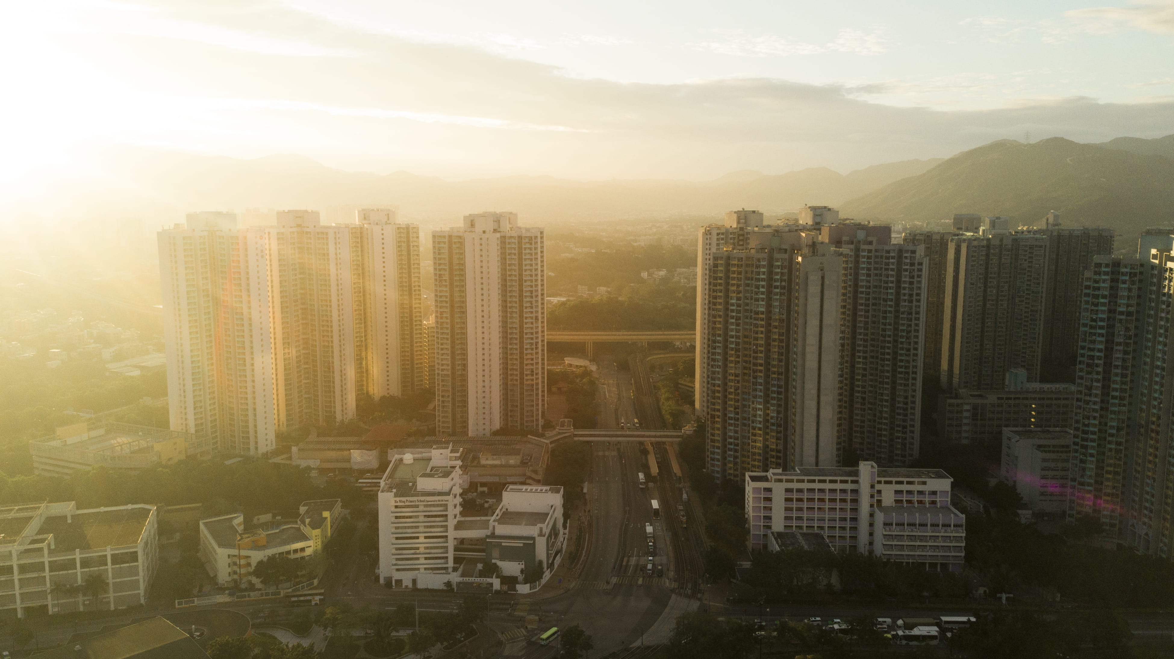 modern, skyscrapers, cityscape, skyscraper, 4K, misty, building, crowded, nature, lensflare, morning, sunray, tin shui wai, outdoors, built structure, HD Wallpaper