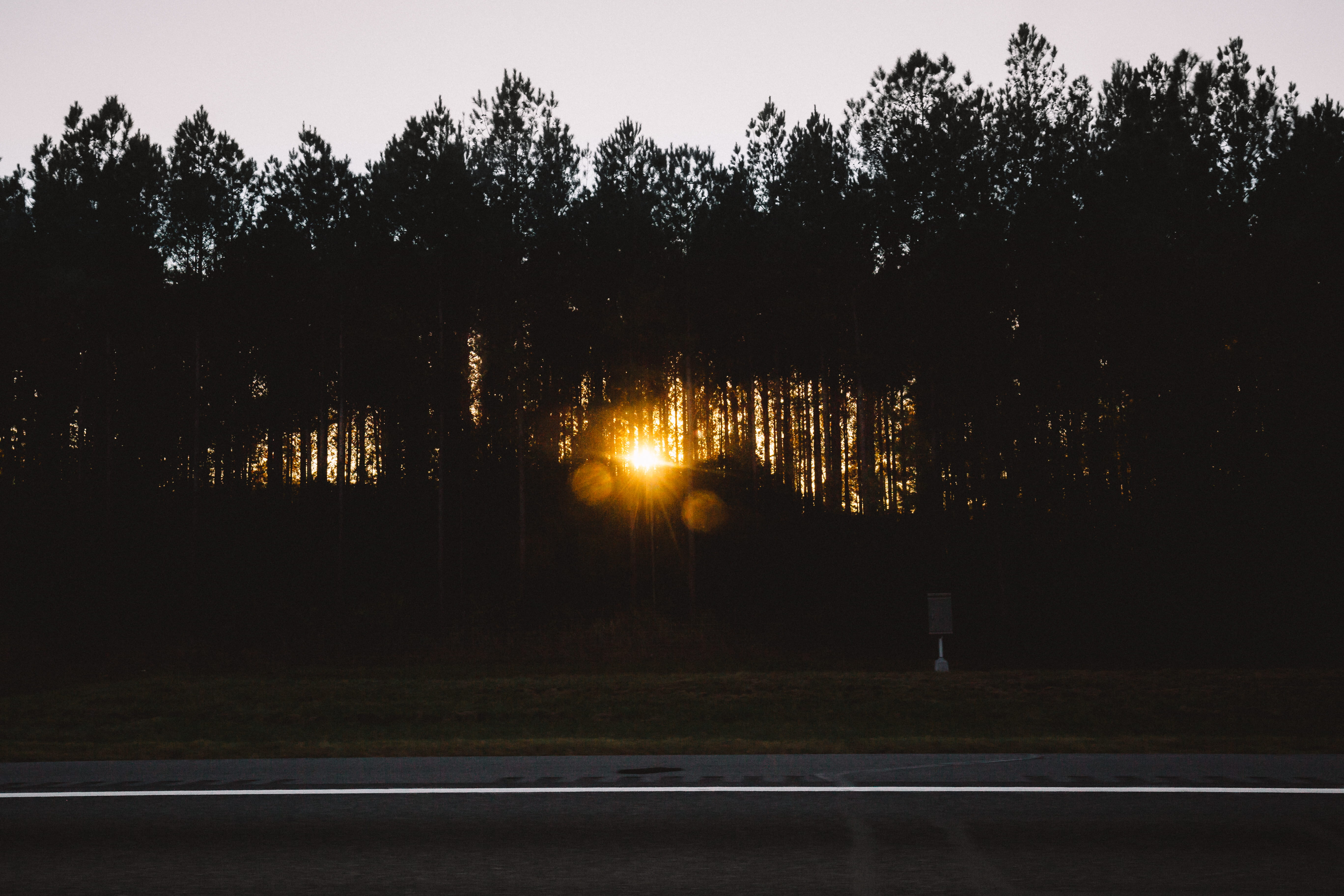 sunset, nature, evening, tranquil scene, silhouette, background, lensflare, highway, lighting equipment, marking, transportation, white, sky, black, hd, HD Wallpaper