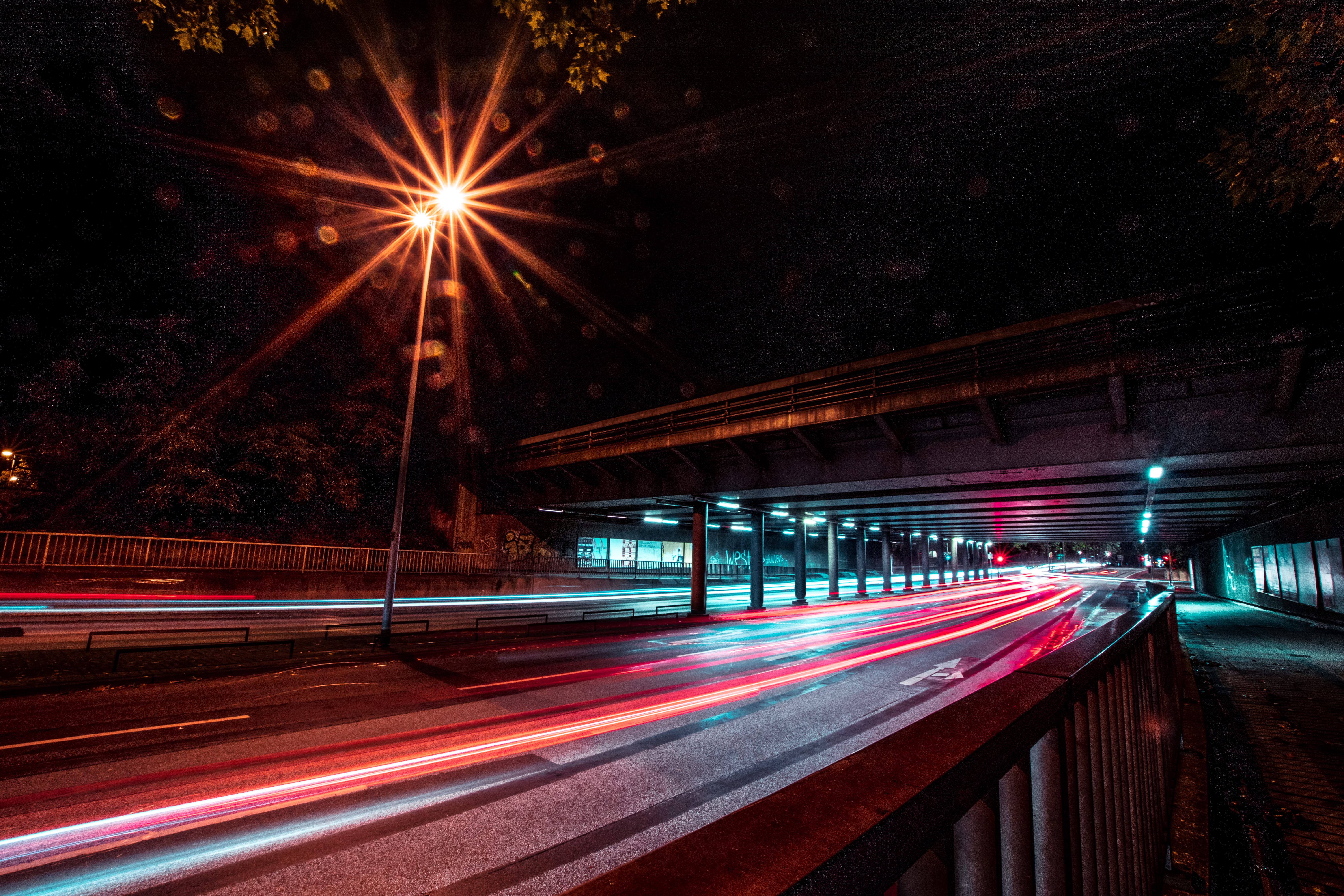 transportation, tail light, handrail, highway, road, light, bridge, photography, traffic, lantern, illuminated, city, architecture, path, 5K, motion, night, HD Wallpaper