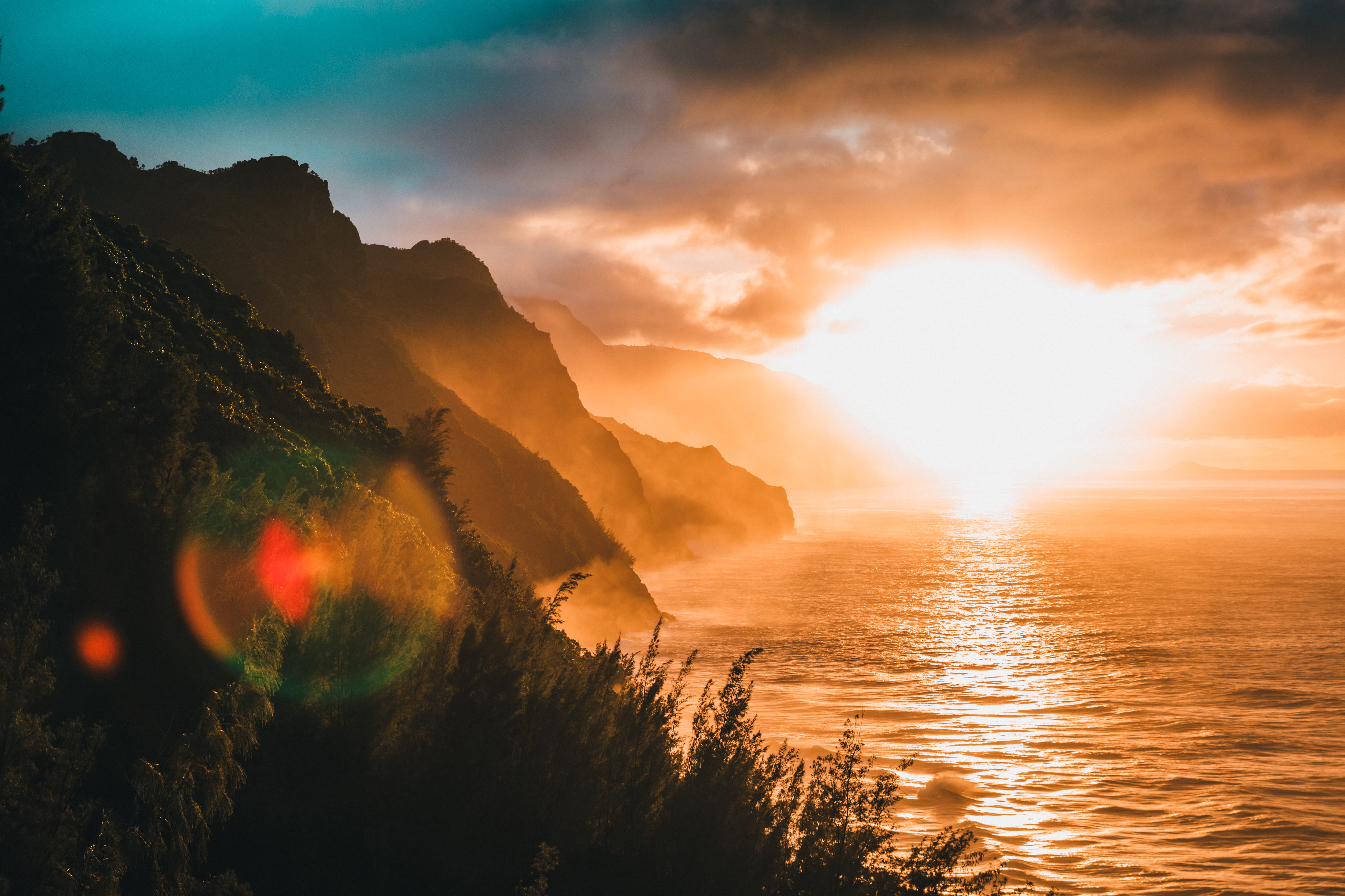 tree, sunset, coast, sea, cloud - sky, water, landscape, fog, trees, sunbeam, environment, sunlight, tranquility, lensflare, lens flare, plant, 5K, no people, HD Wallpaper