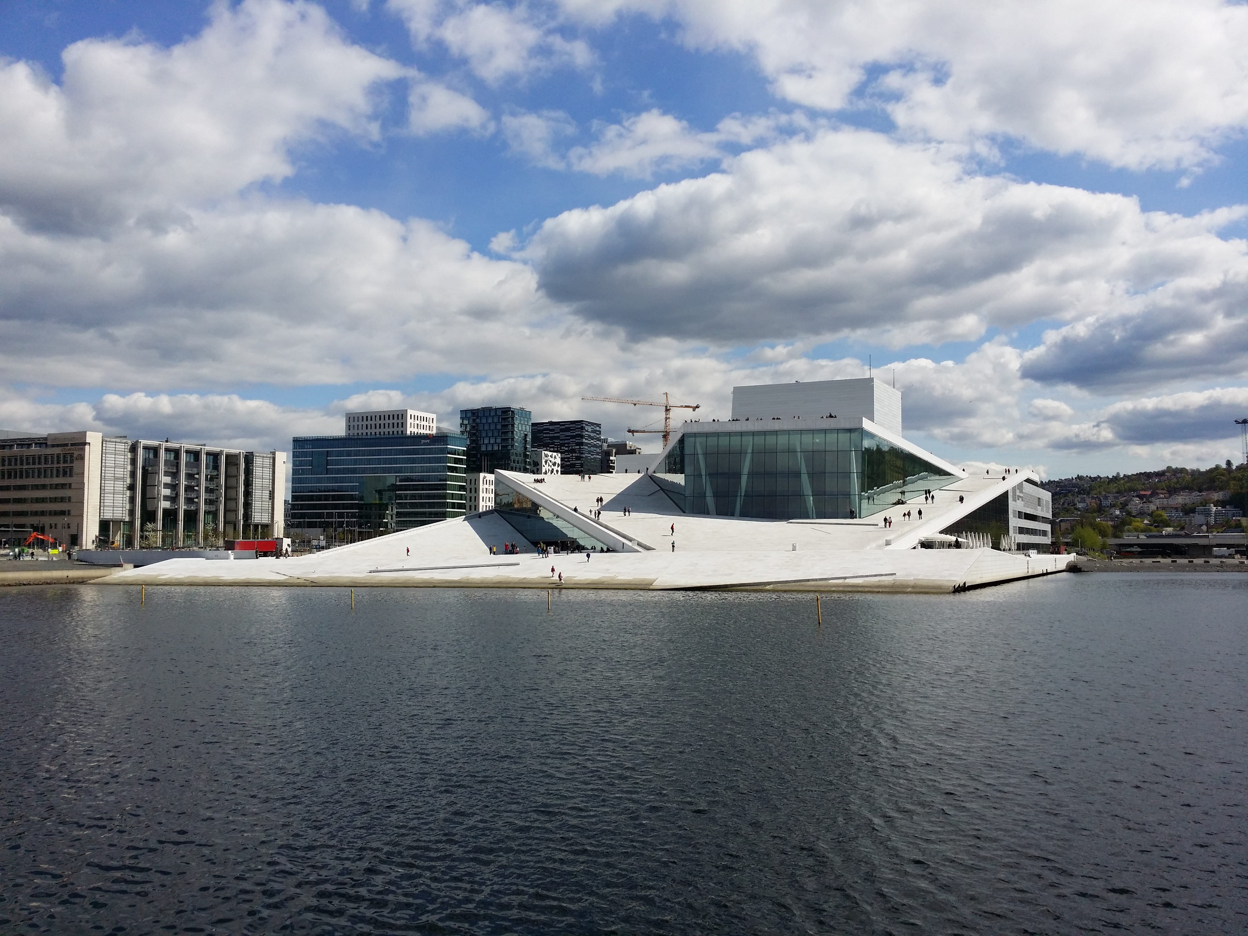 water, body, architecture, opera house, beach, near, waterfront, norway, built structure, operahouse, building, nature, cruise ship, sky, daytime, city, HD Wallpaper