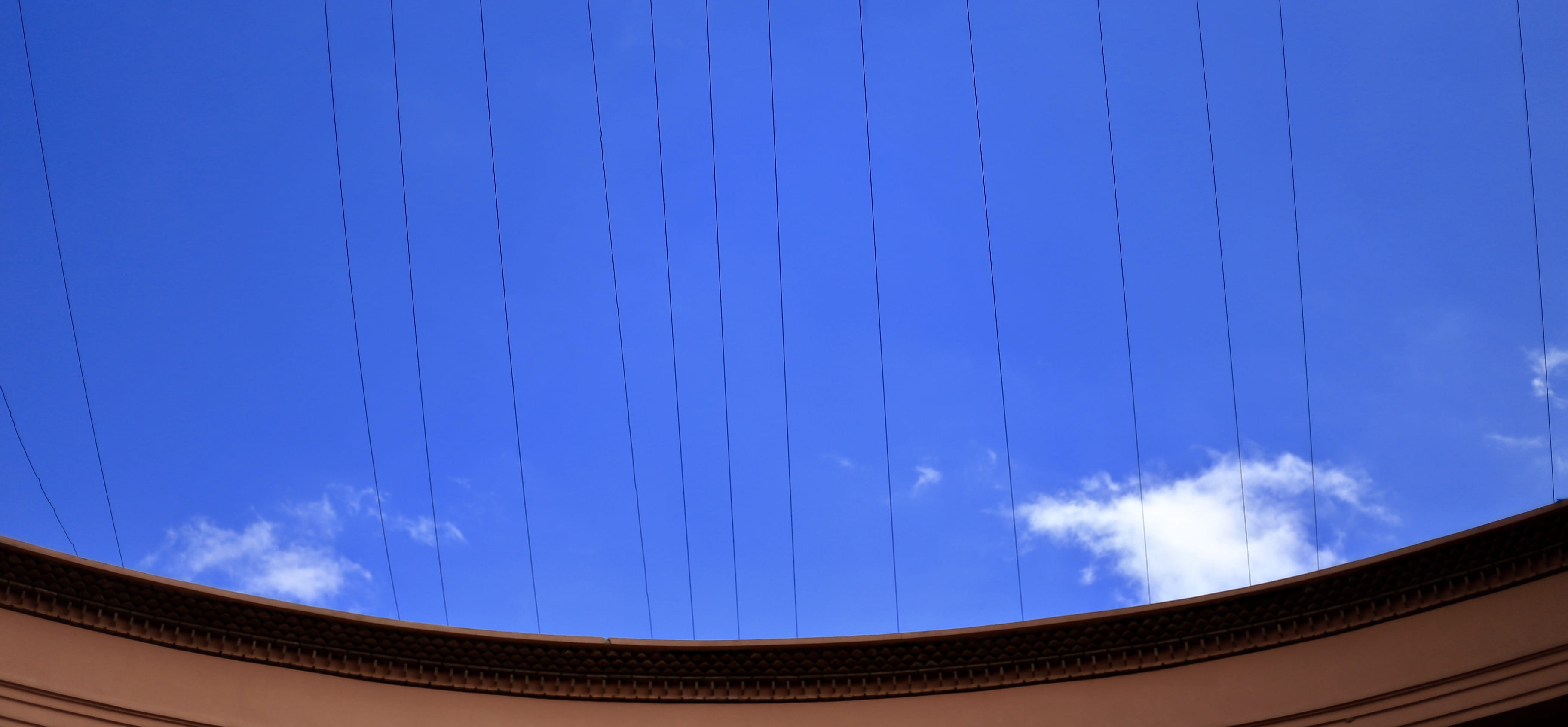 outdoors, building exterior, blue, low angle view, sunlight, no people, cable, architecture, space, cloud - sky, 2K, transportation, sky, curve, operahouse, HD Wallpaper