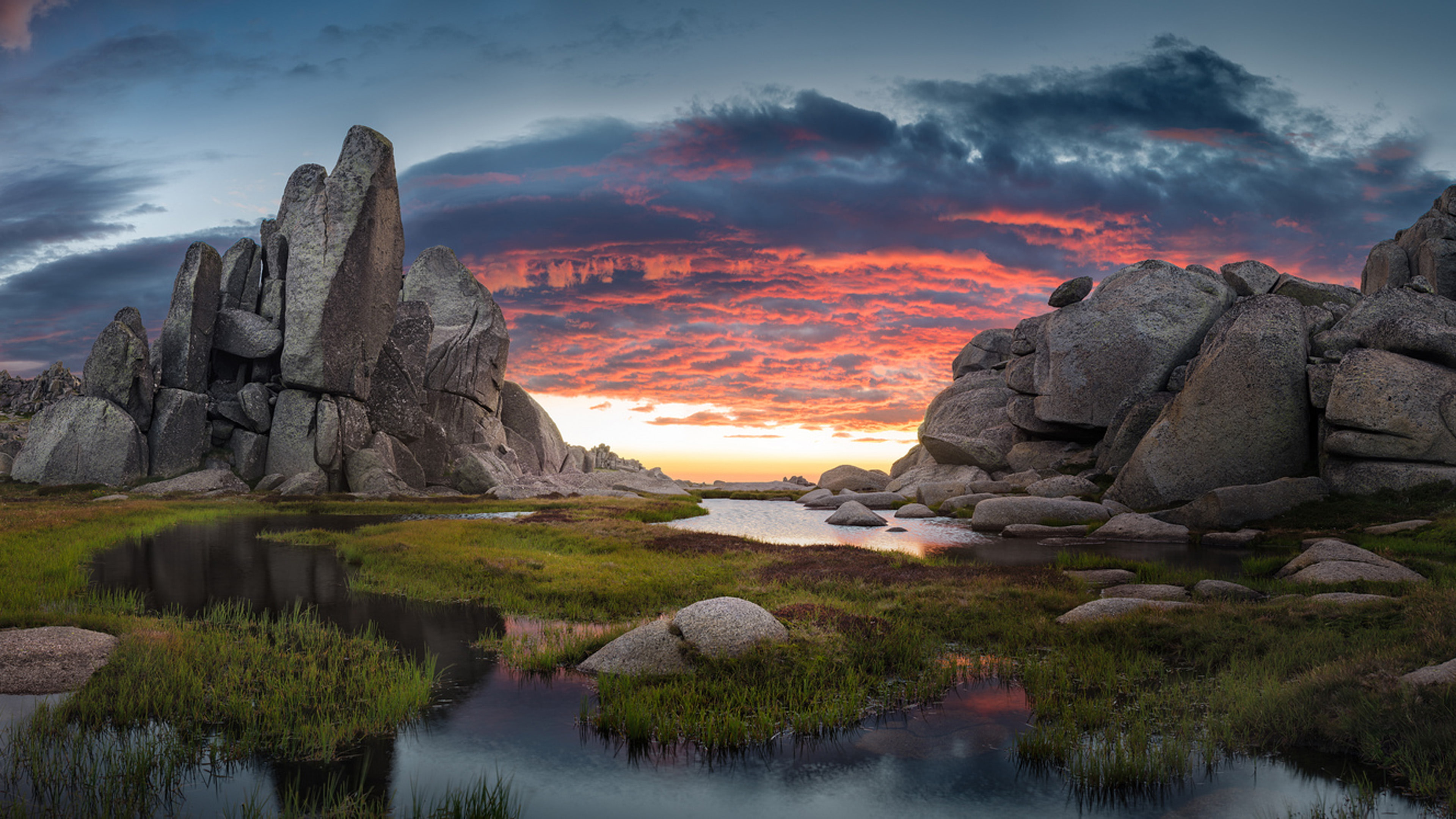 clouds, wales, sunset, desktop, state, images, red, grass, 4K, landscape, south, green, park, new, national, rocks, mobile, water, kosciuszko, HD Wallpaper