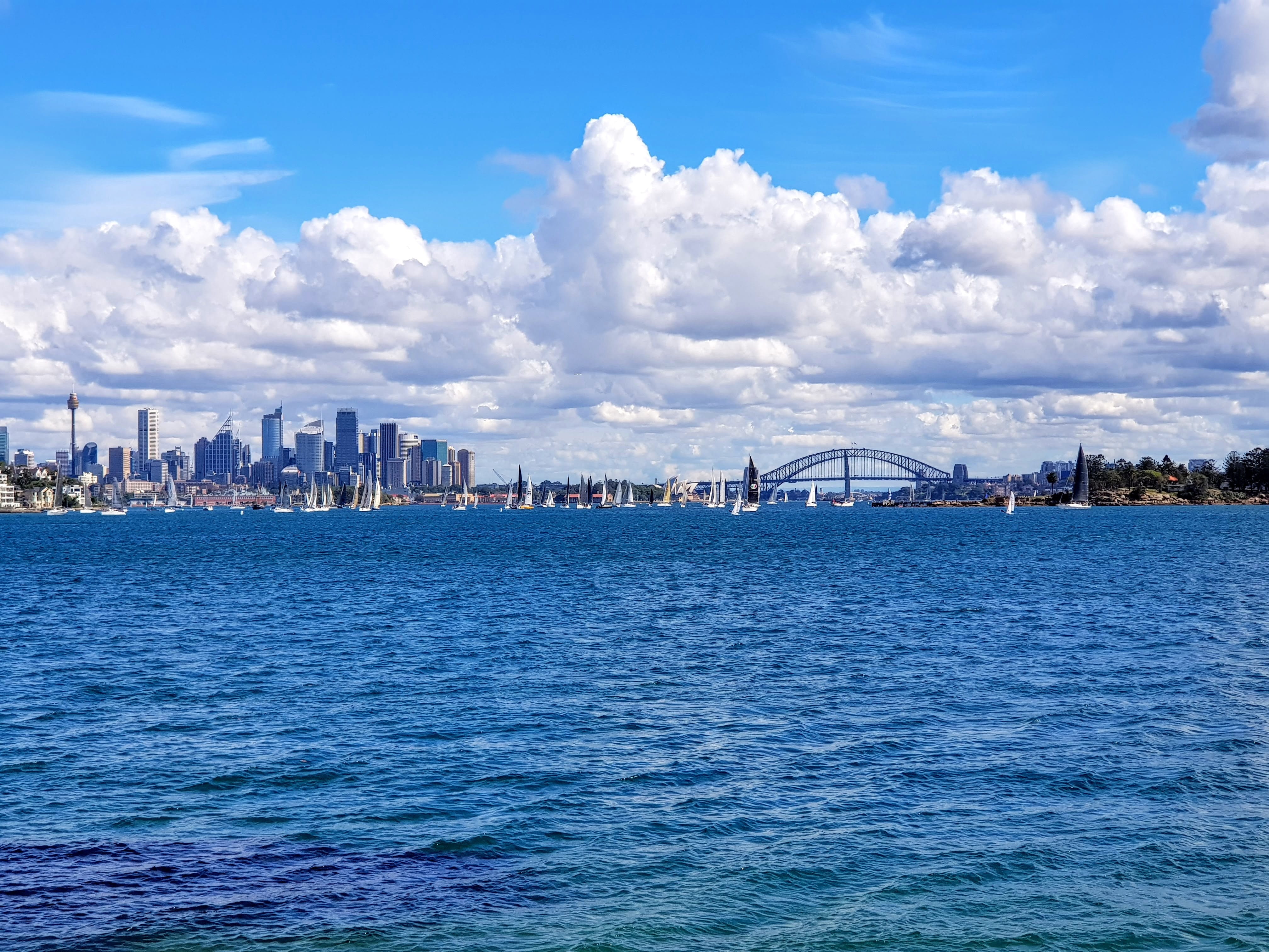 bay, landmark, office building exterior, clouds, architecture, blue, building exterior, urban skyline, cityscape, bridge - man made structure, buildings, HD Wallpaper