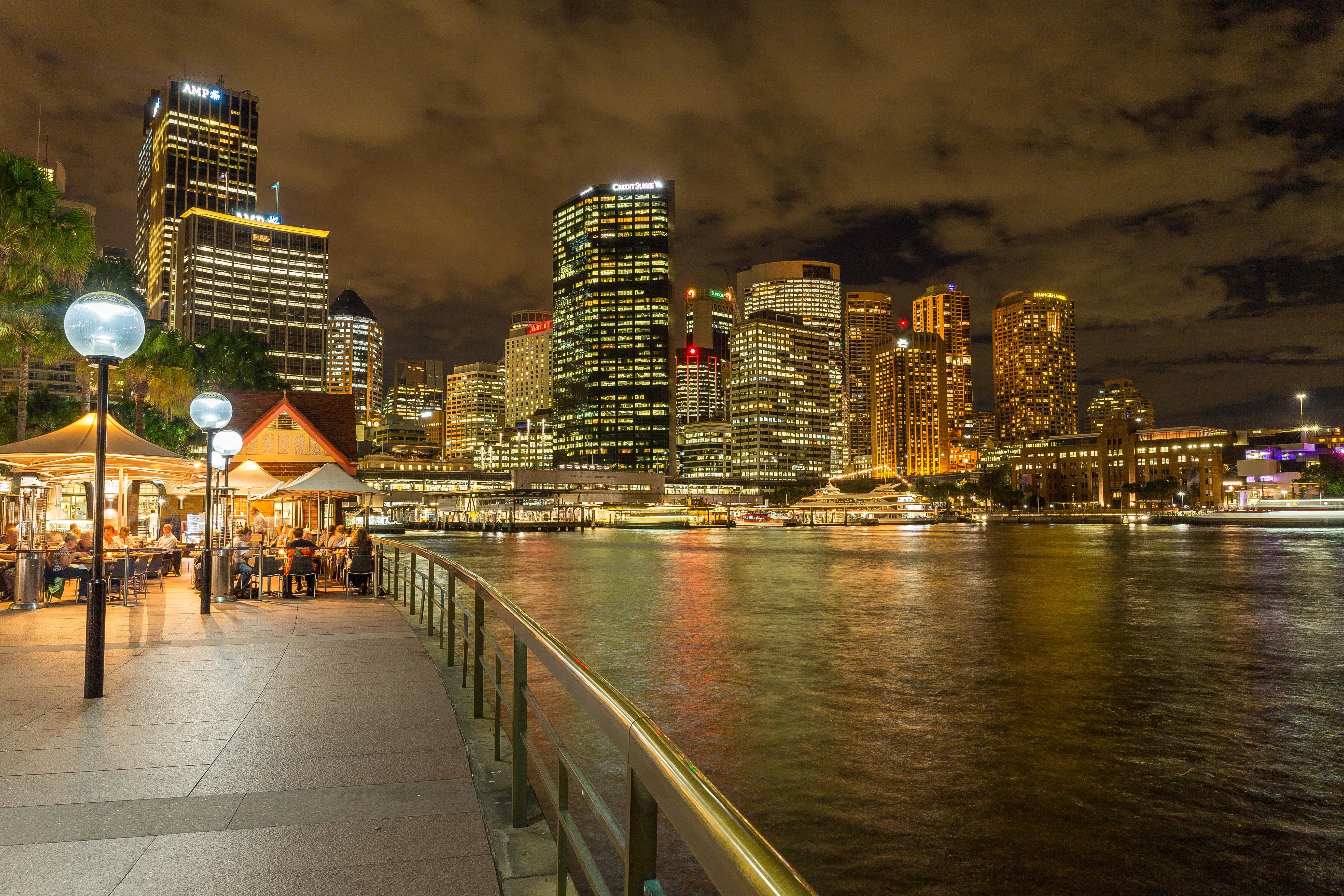 district, circularquay, nsw, harbor, structure, sydneyharbour, light, wall, 5K, australia, nightview, building, view, lighted, urban, night sky, city night, HD Wallpaper