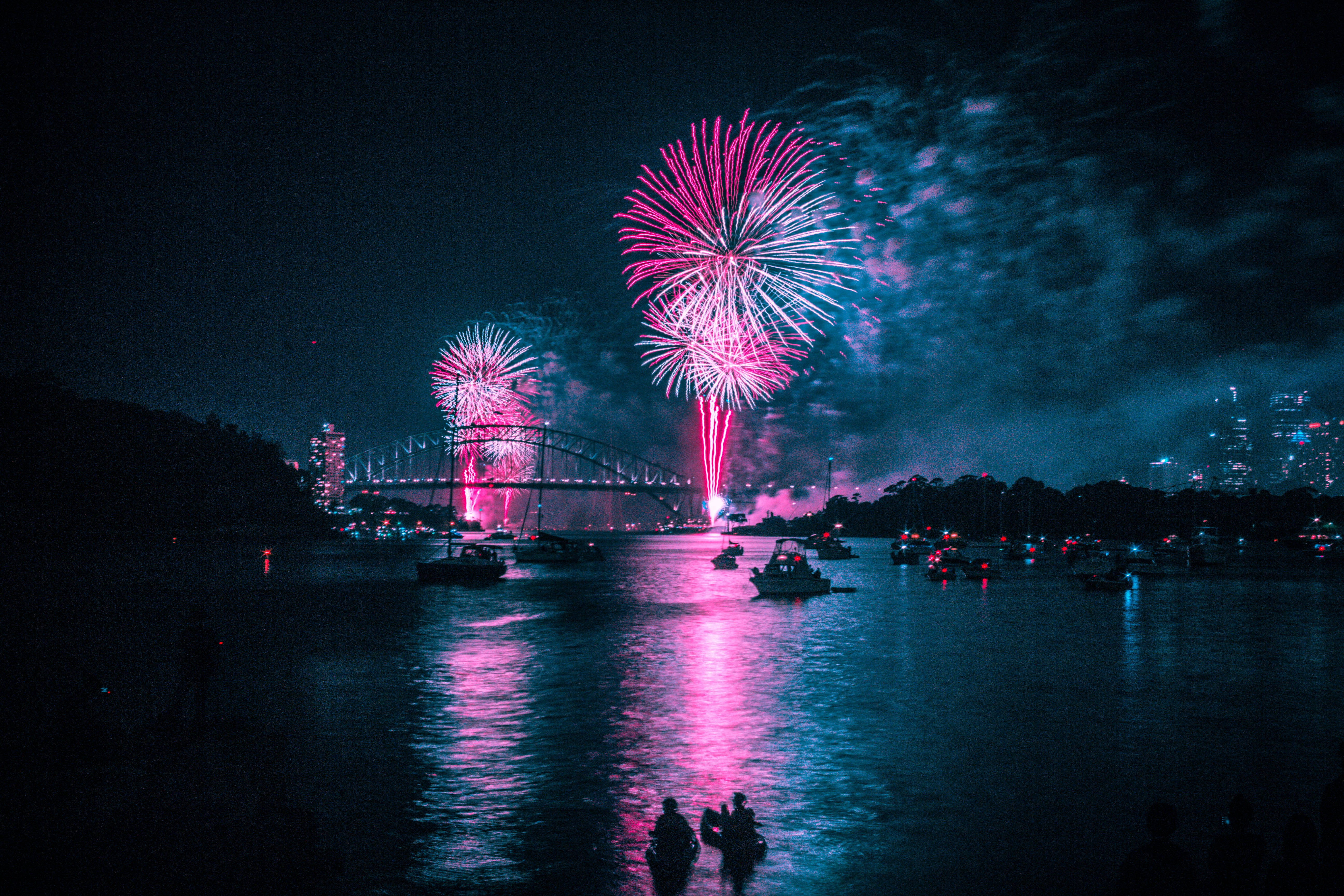 sydney harbor bridge, motion, long exposure, built structure, 5K, harbour, nature, outdoors, exploding, new year, blue, river, night, sky, pink, nye, firework, HD Wallpaper