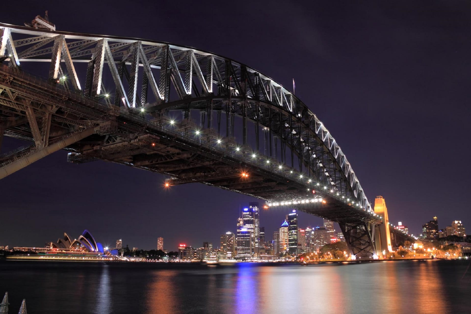 city, building exterior, cityscape, construction, bridge, reflection, sea, transportation, outdoors, water, urban skyline, sydney, nightlife, no people, HD Wallpaper