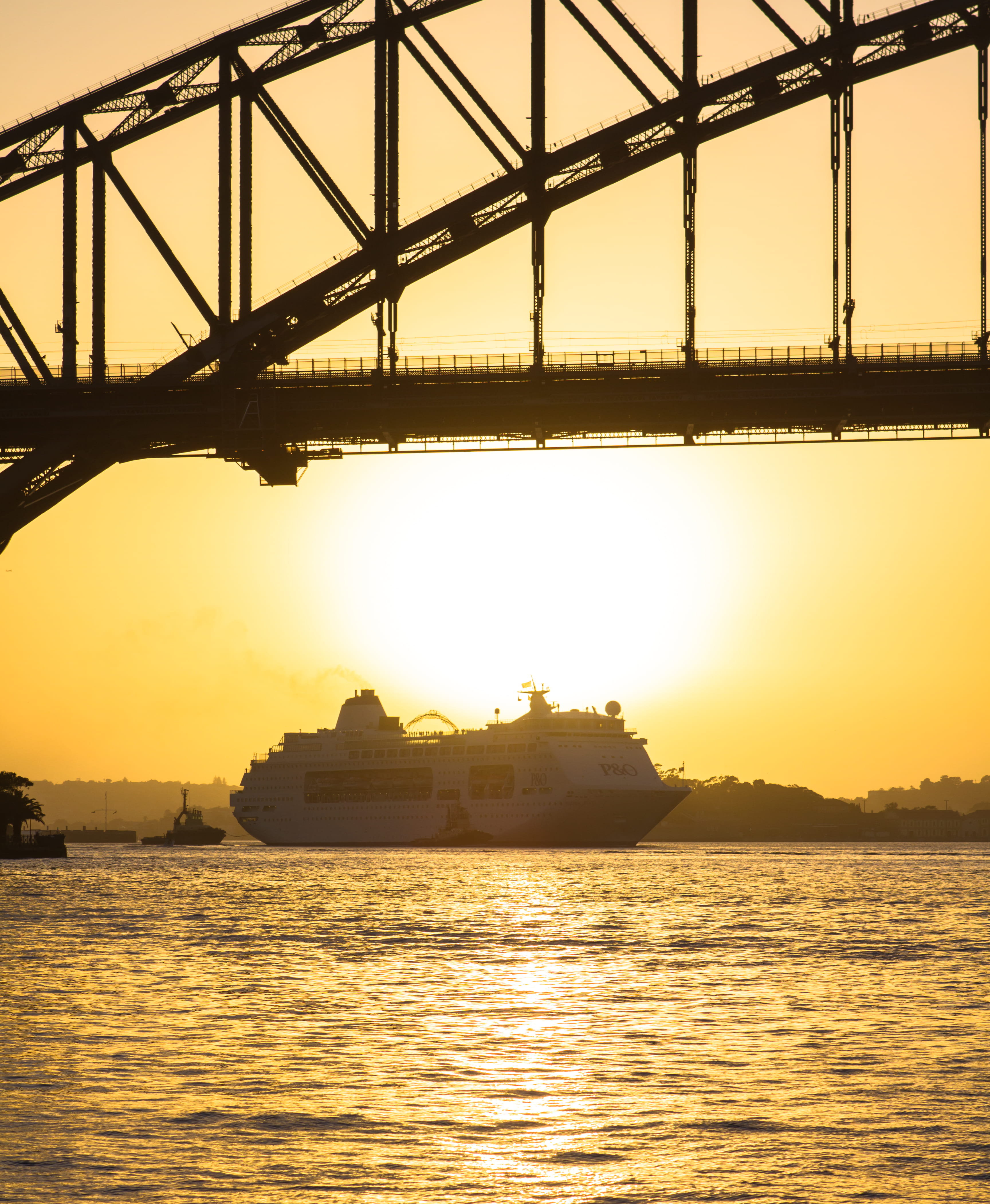 built structure, yellow, bridge, early morning, river, sydney, ship, cruise, travel destinations, photoholgic, harbour bridge, 4K, no people, sunrise, Phone HD Wallpaper
