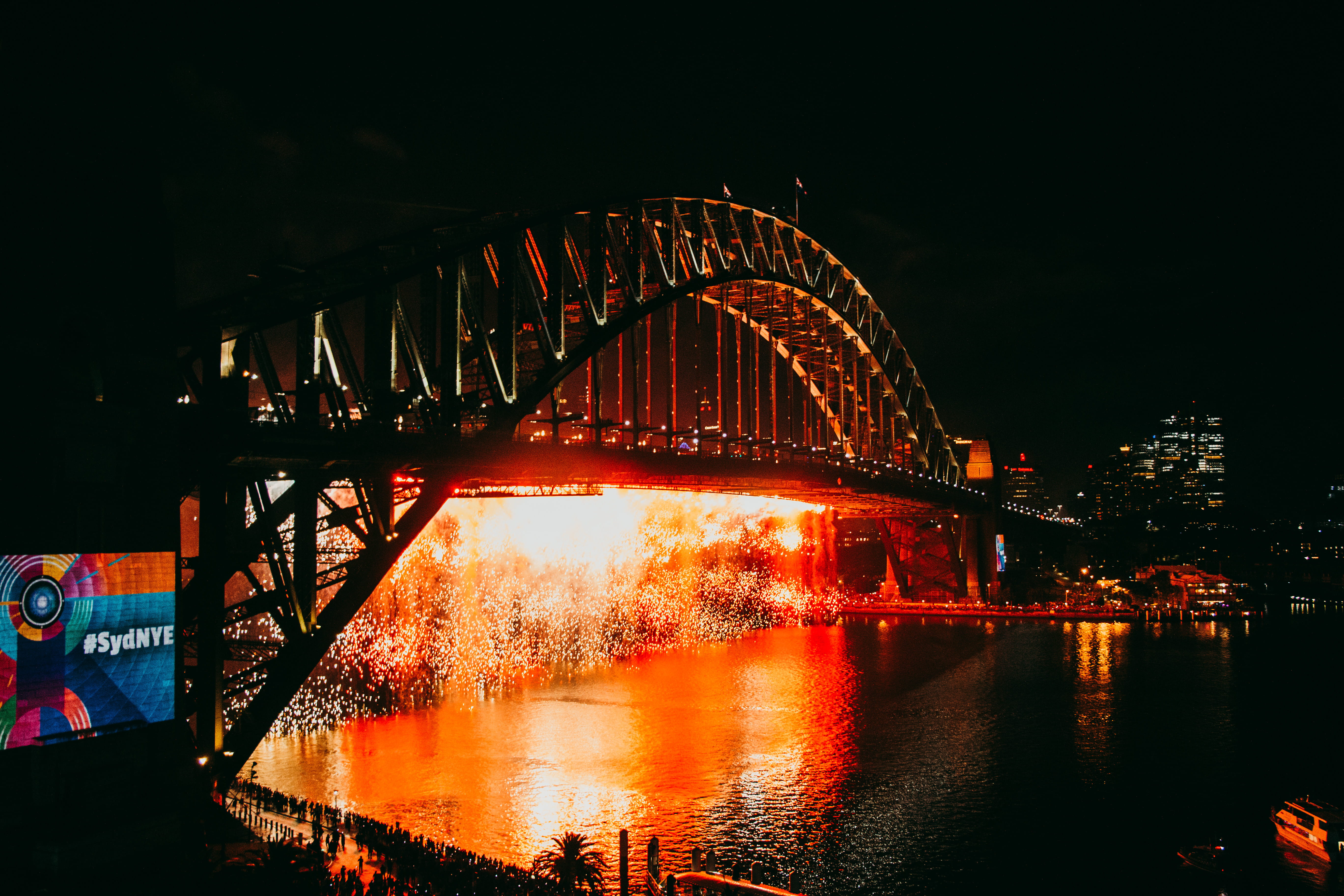 arch, sparks, sydney, travel destinations, nature, lighted, nye, motion, arched, new years eve, connection, waterfront, illuminated, outdoors, town, night, HD Wallpaper