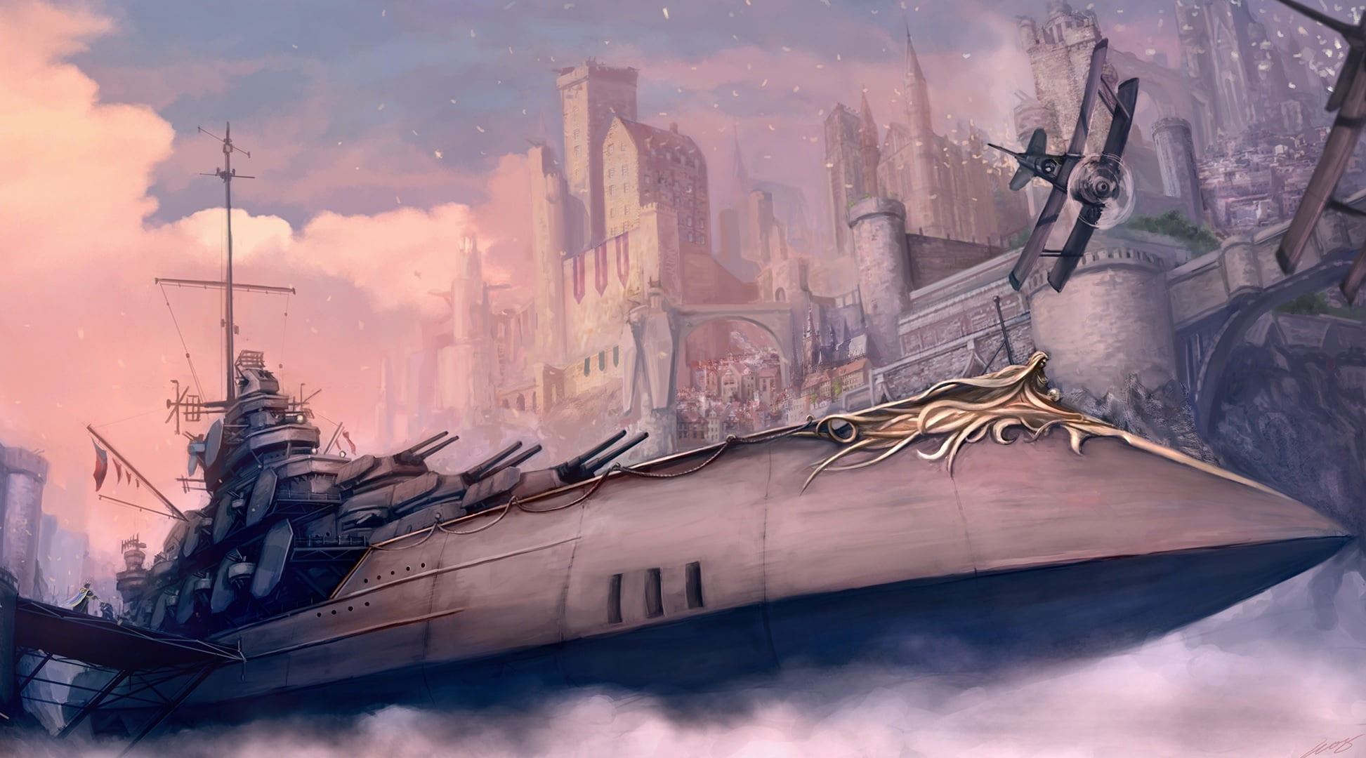 city, fantasy, digital art, Steampunk, bulidings, artwork, fantasy art, warship, 1080P, plane, aircarft, HD Wallpaper