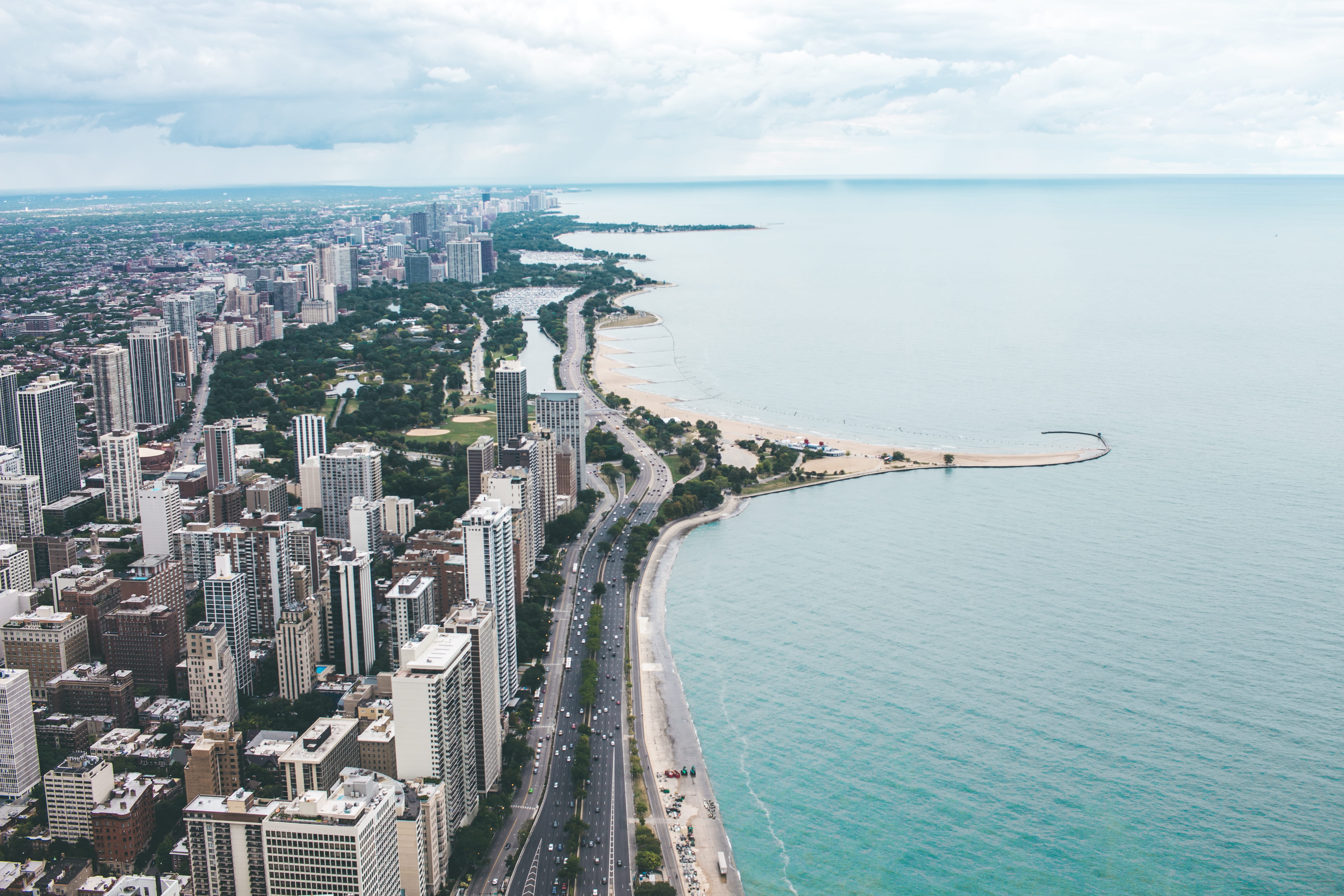 city, office building exterior, building exterior, no people, aerial, land, nature, horizon, lake michigan, united states, chicago, cityscape, bay, scenics - nature, HD Wallpaper