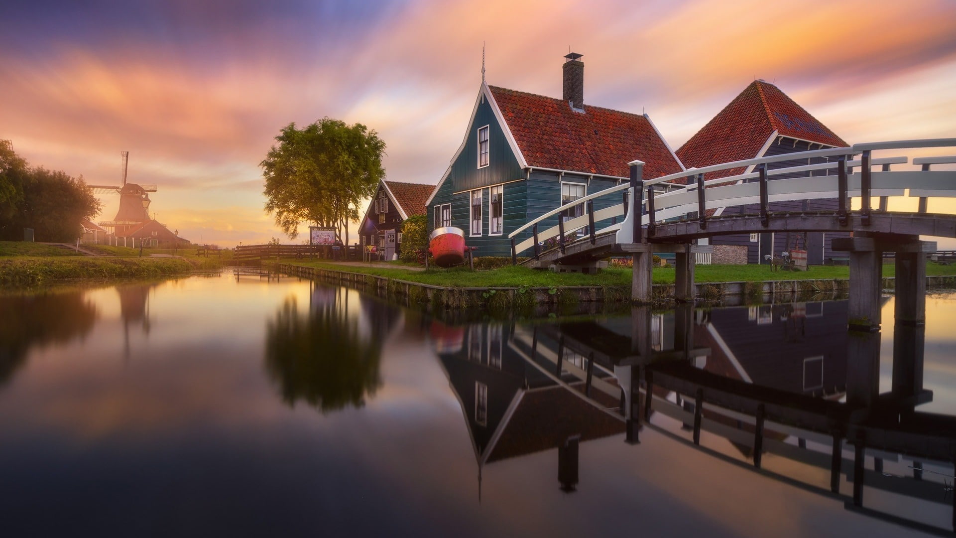 1080P, photography, reflection, house, HDR, sunset, water, bridge, windmill, HD Wallpaper