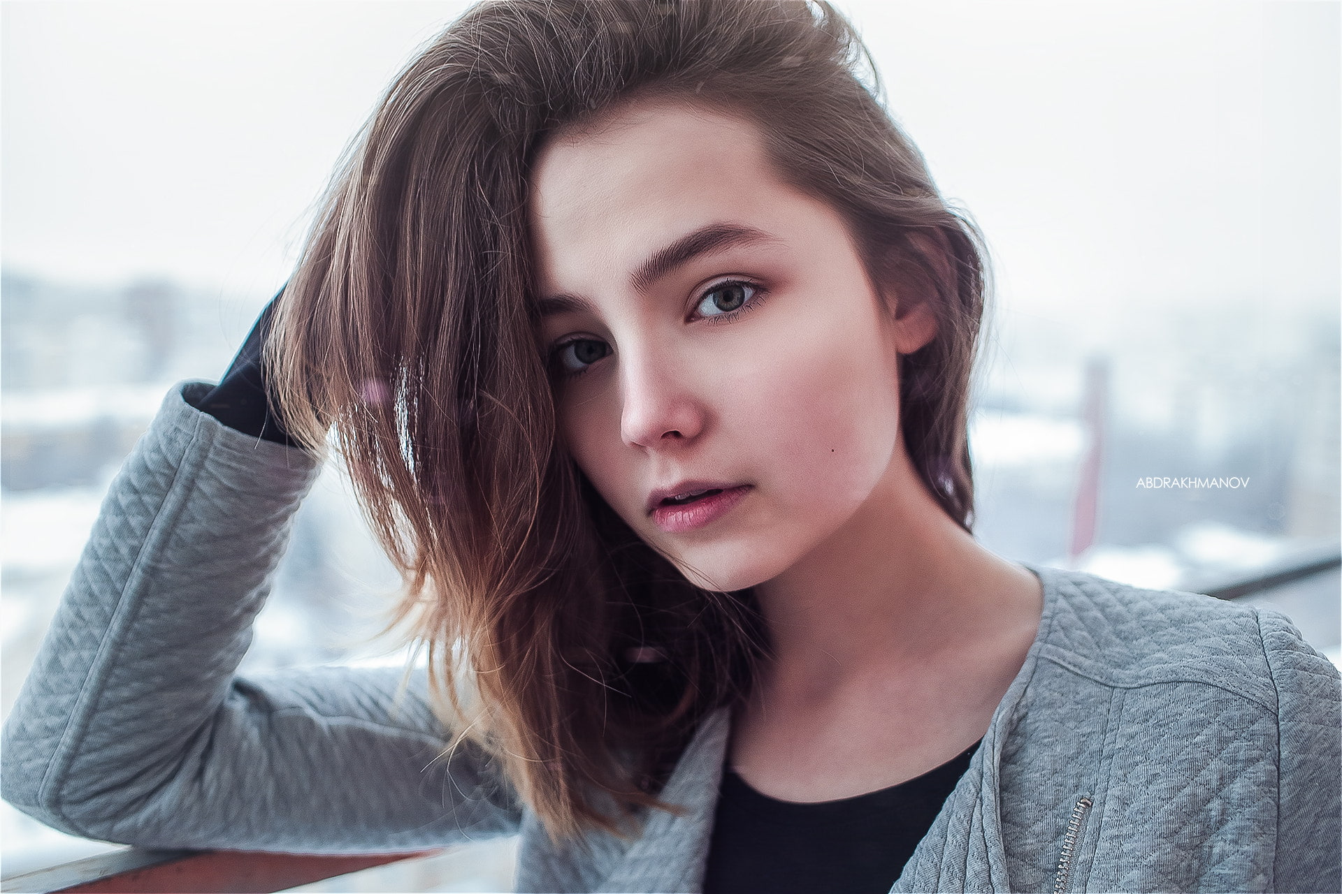 jacket, portrait, brunette, women, hands on head, Lenar Abdrakhmanov, face, depth of field, 1080P, looking at viewer, HD Wallpaper