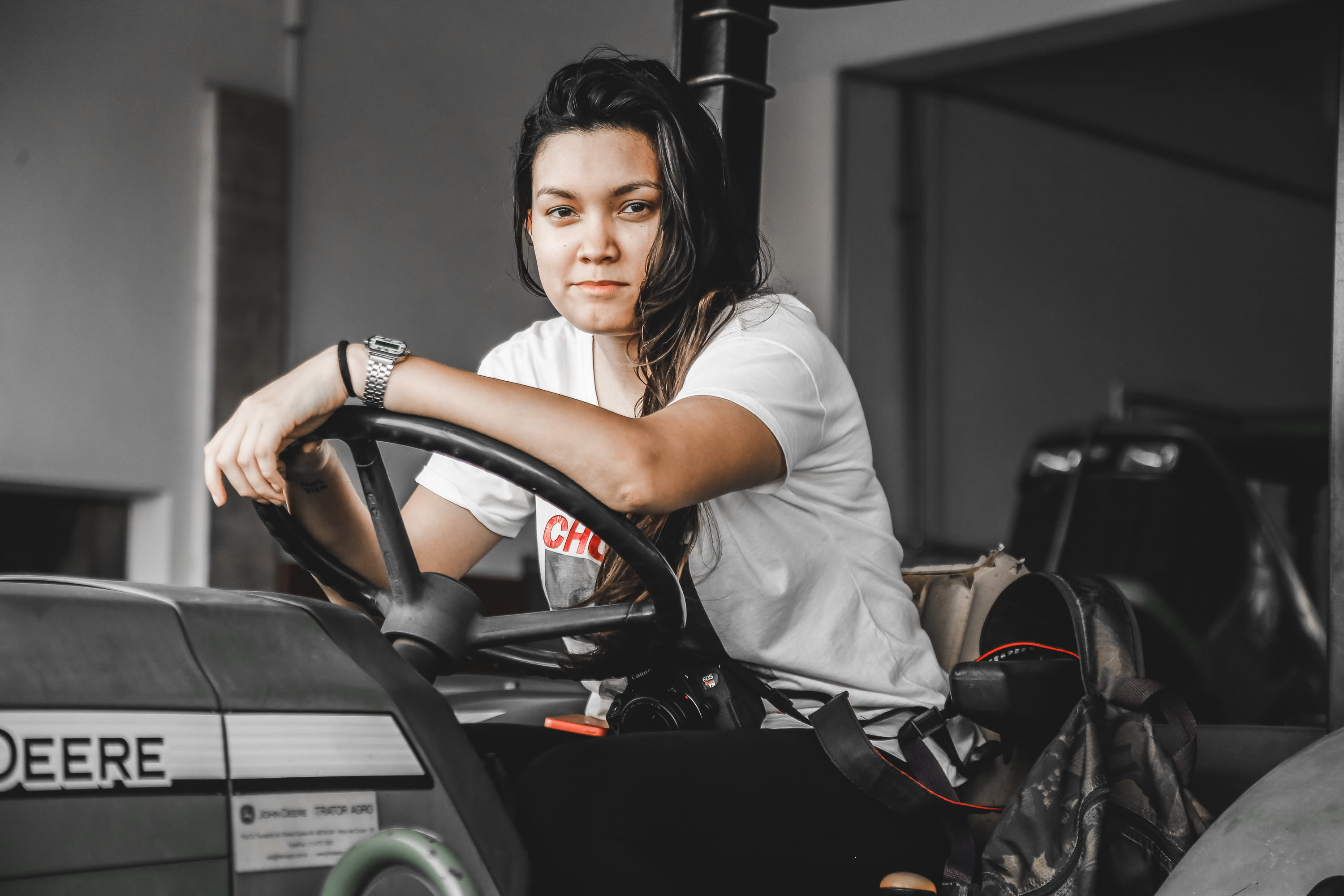 mode of transportation, lifestyles, deere, beautiful woman, front view, person, beauty, three quarter length, land vehicle, john, woman, adult, women, pretty, HD Wallpaper