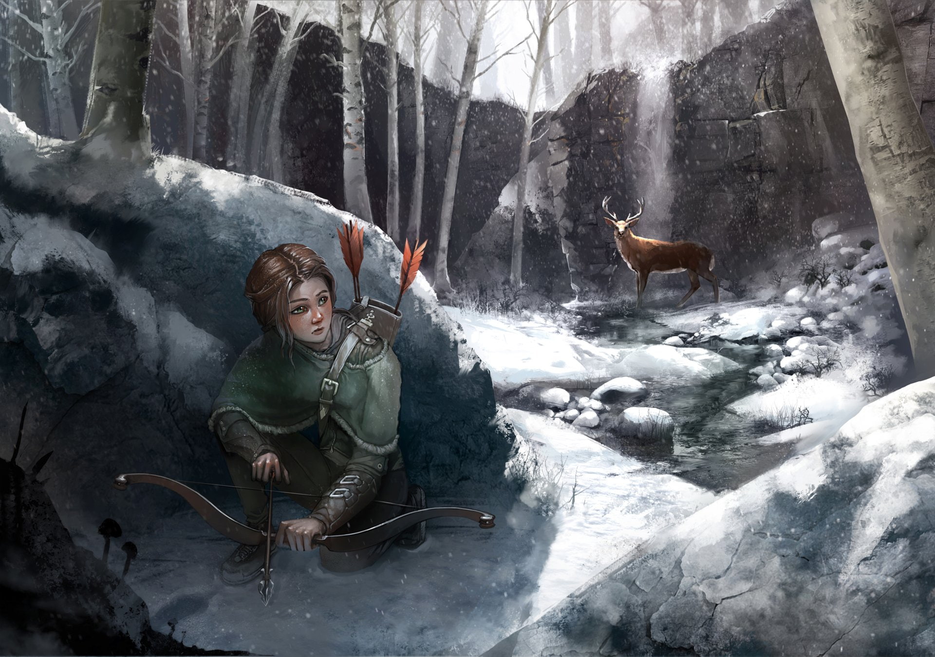 Archer, Waterfall, Forest, Winter, Woman, Deer, 1080P, Girl, Fantasy, HD Wallpaper