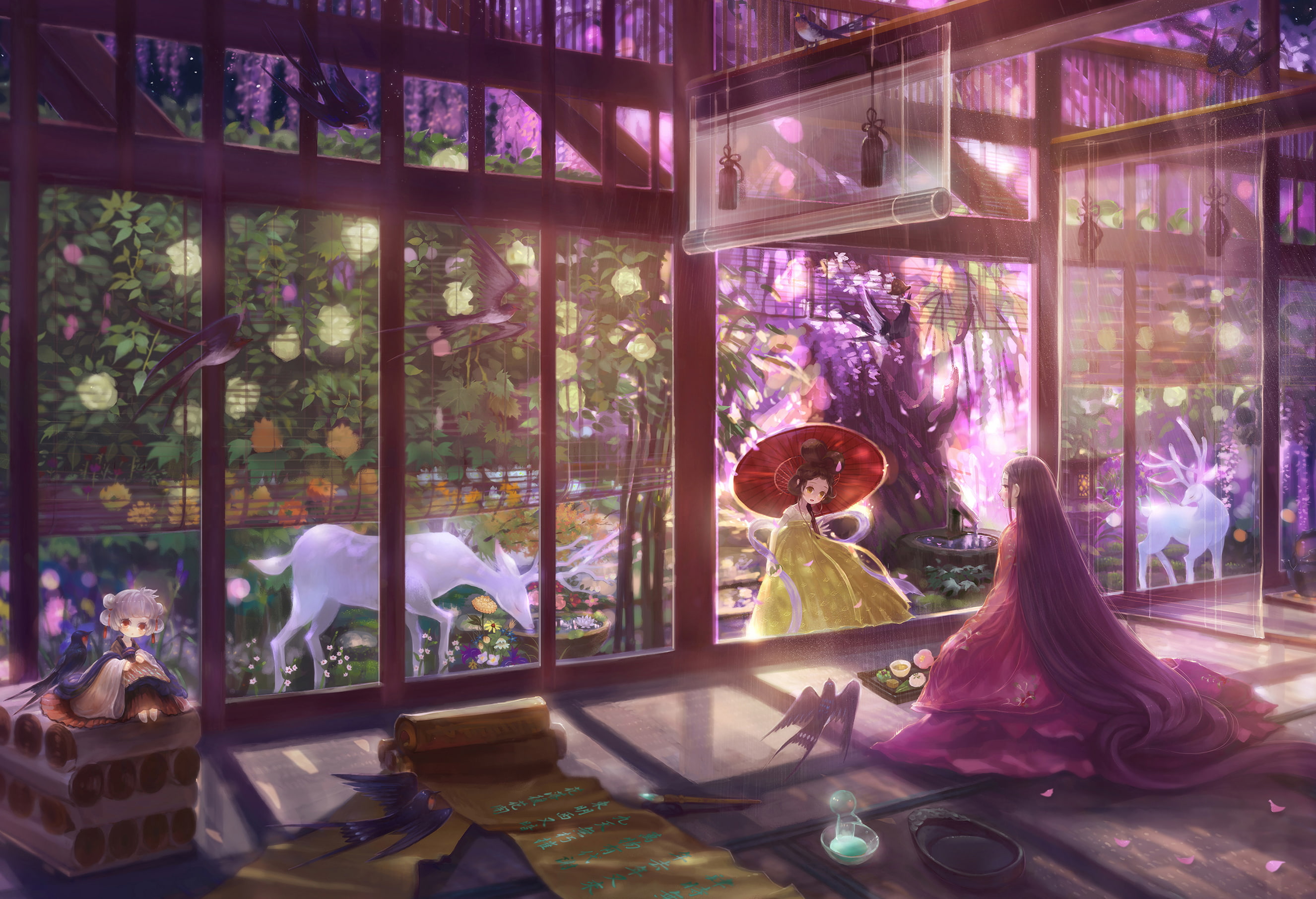Bird, Purple Hair, Kimono, Original, Brown Hair, Animal, Anime, Woman, Japanese Clothes, Deer, 2K, Umbrella, Flower, Long Hair, HD Wallpaper