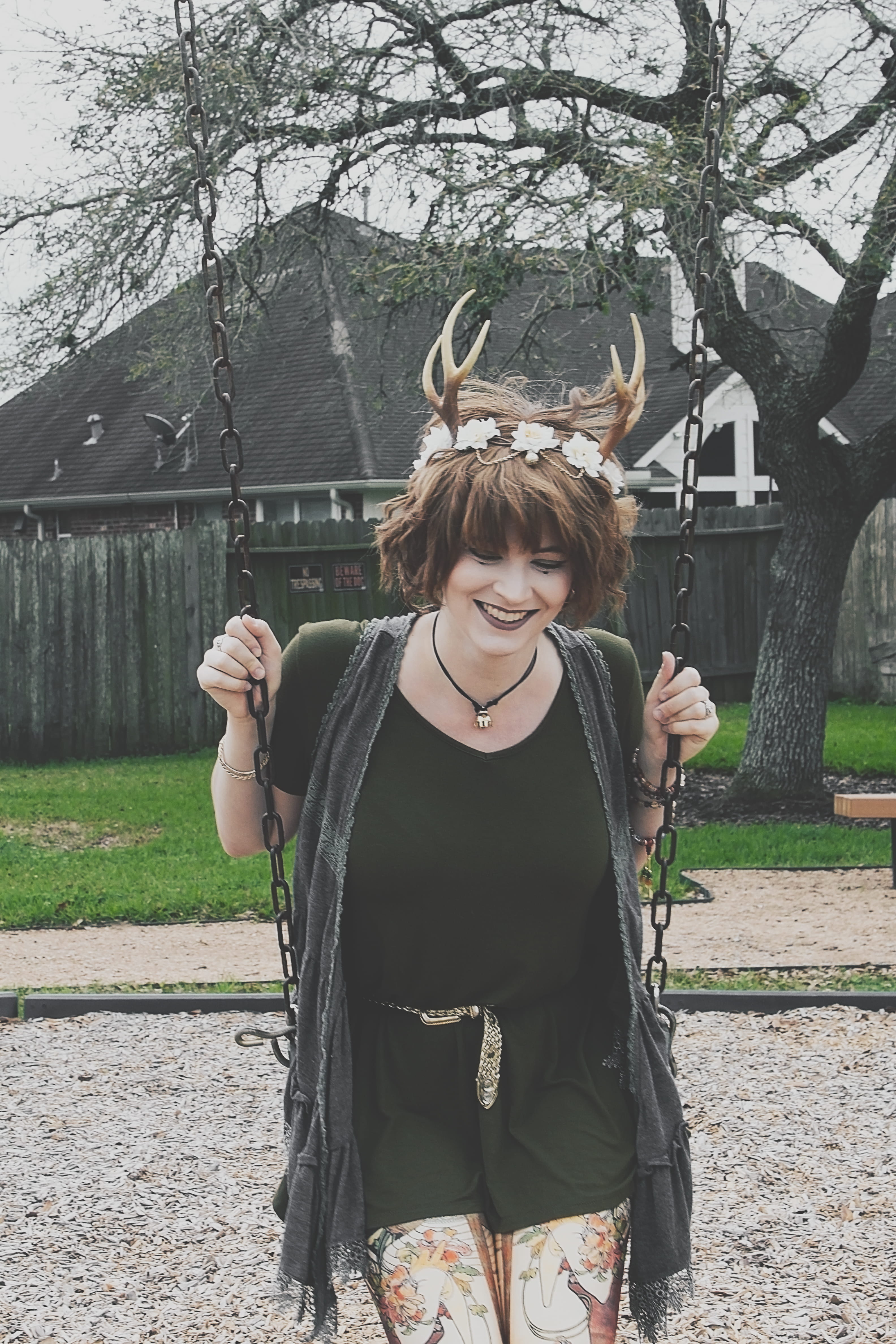 deer, women, flower crown, earth, architecture, day, tree, swing, one person, earthy, arms raised, warm clothing, casual clothing, outdoors, plant, nature, Phone HD Wallpaper