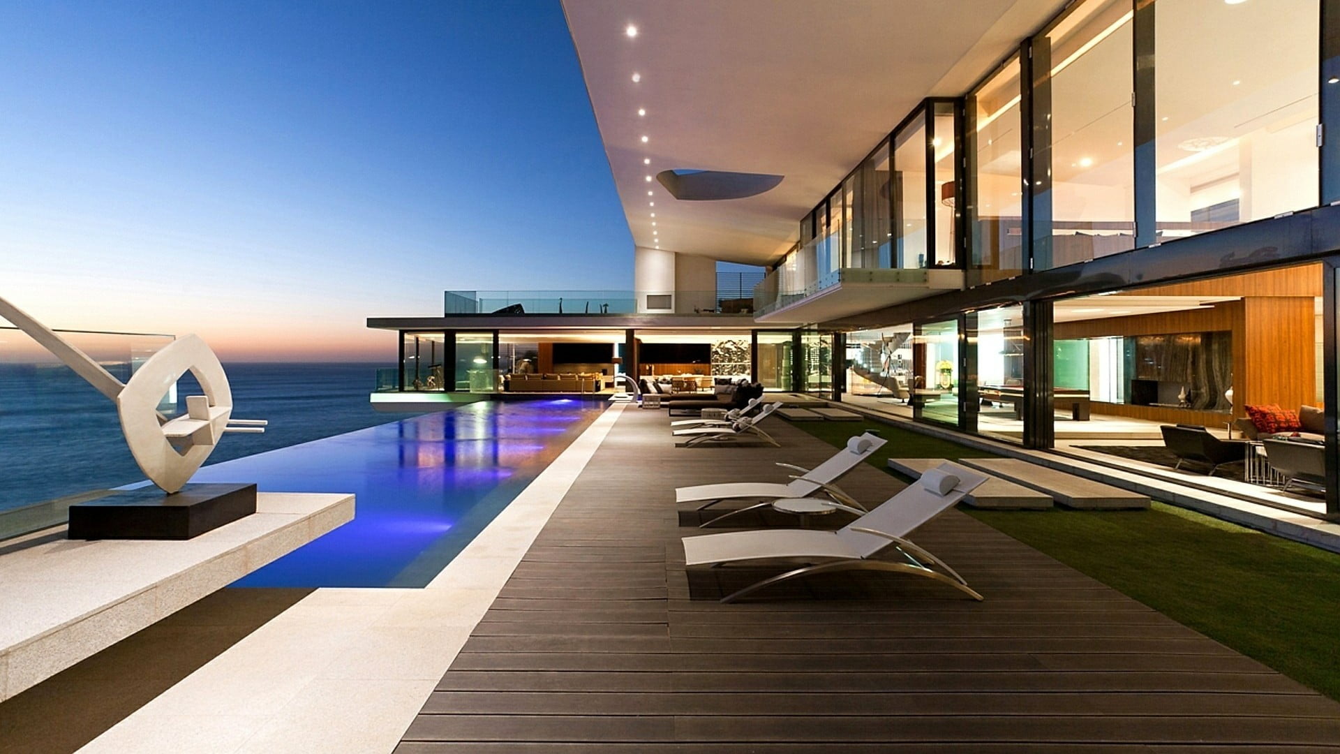 resort, illuminated, pool, luxury hotel, indoors, apartment, absence, lighting equipment, villa, home, summer, modern, window, chair, wealth, seat, built structure, HD Wallpaper