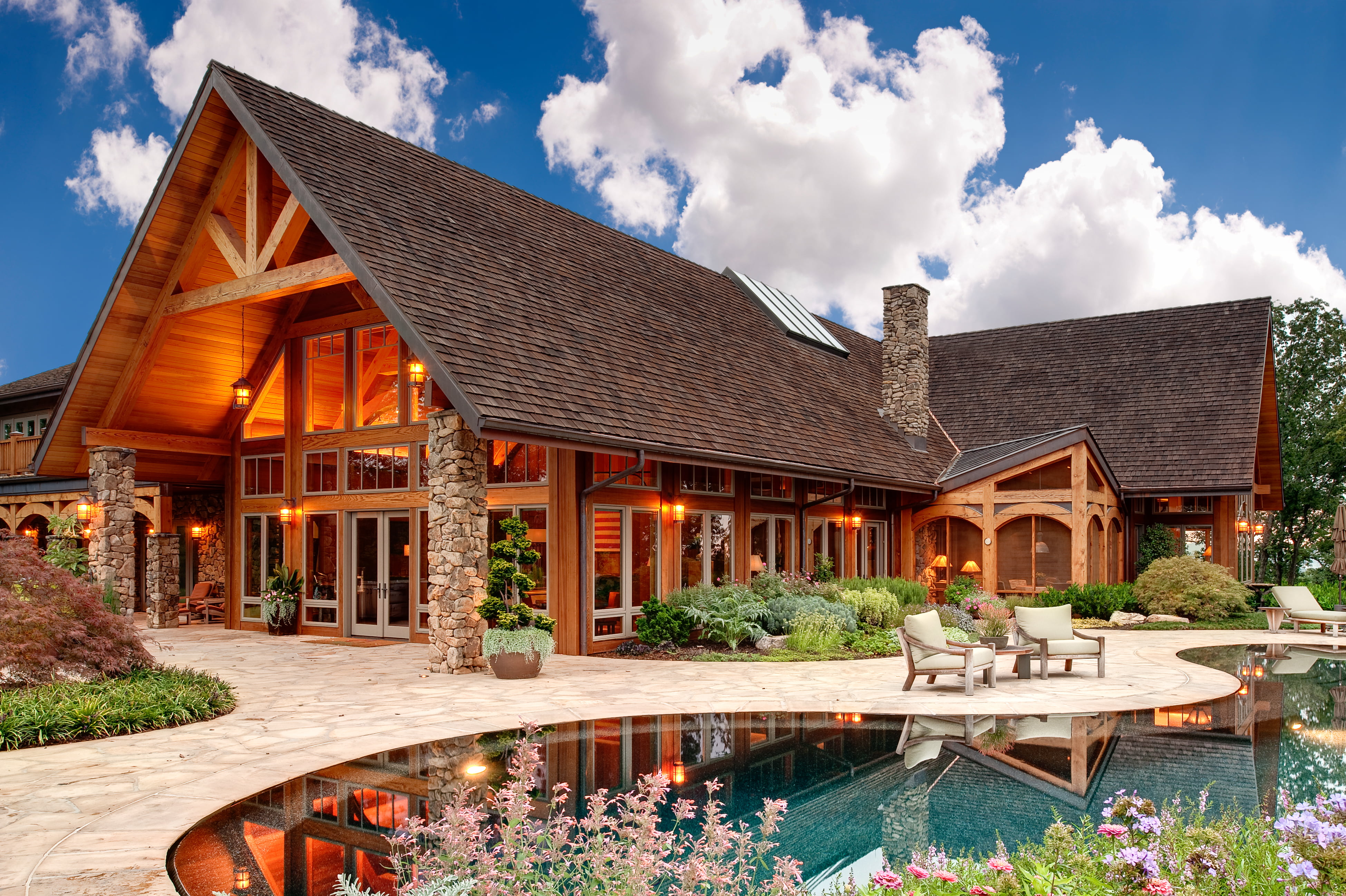luxury, home, sky, plant, flower, building Exterior, wooden, brown, water, pool, summer, cottage, cultures, house, lounger., no People, travel Destinations, HD Wallpaper