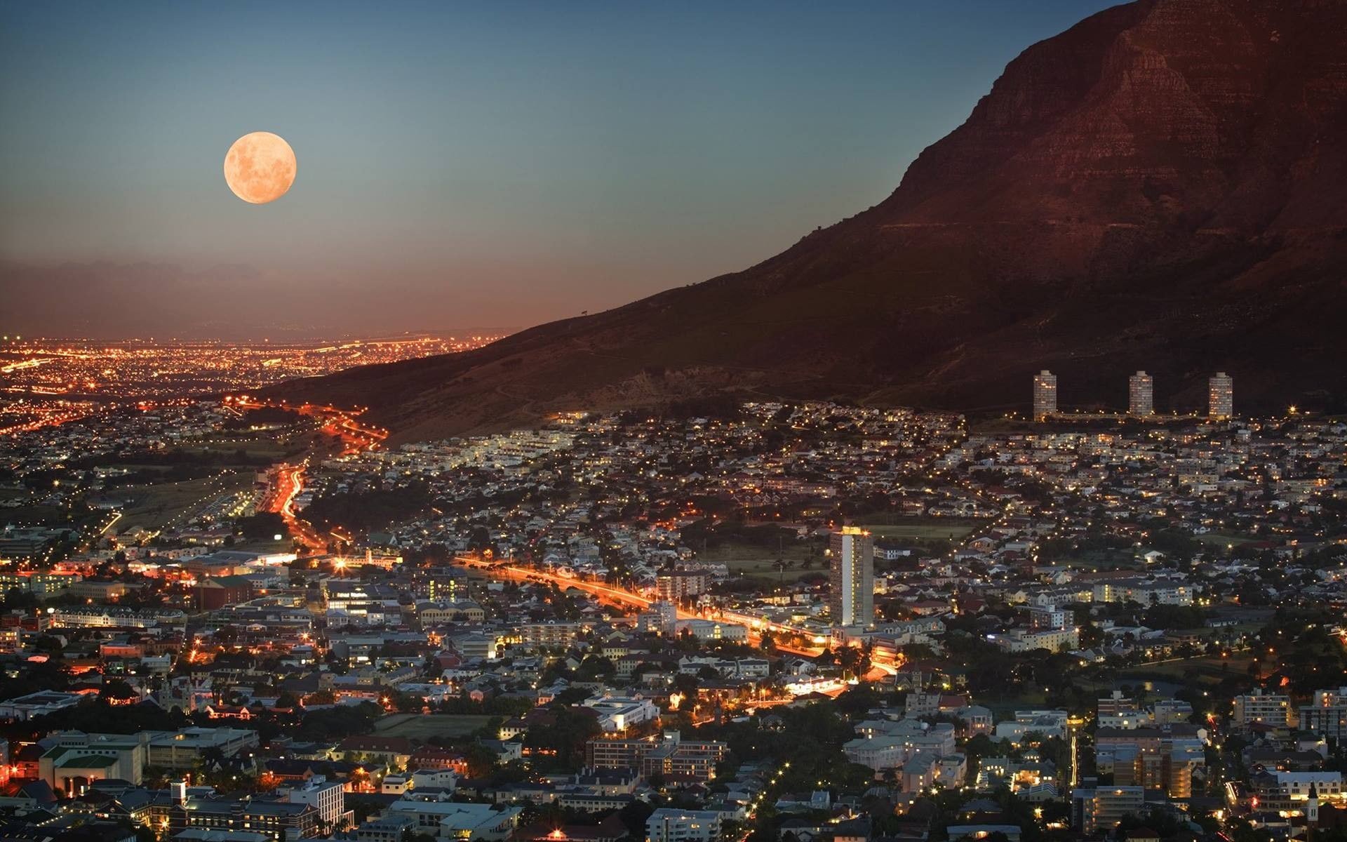 Moon, 3 Disa Towers, city, Cape Town, 1080P, mountains, HD Wallpaper