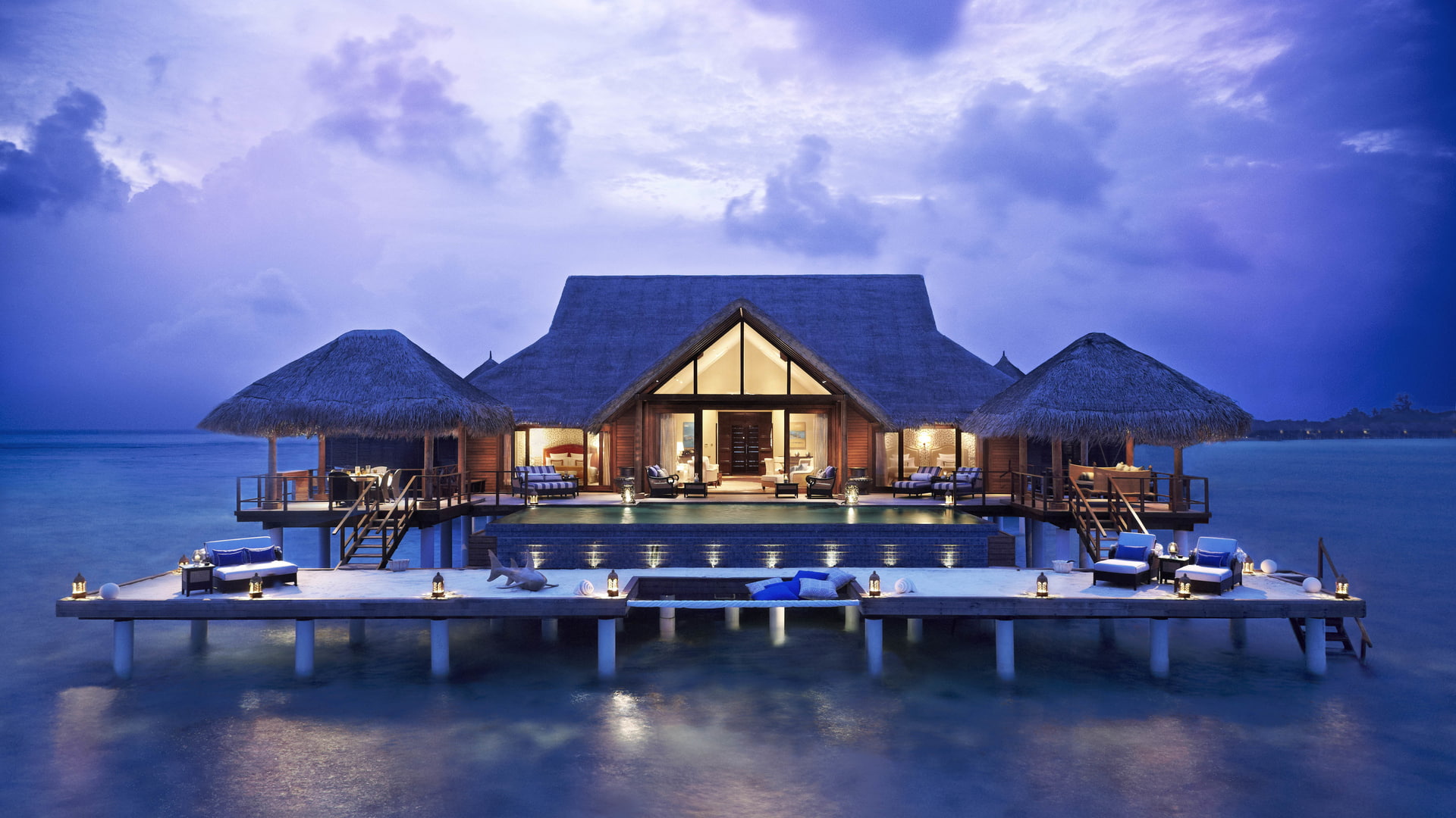 interior, sea, lights, Tropical Vacation, sky, bungalow, swimming pool, piles, 1080P, HD Wallpaper