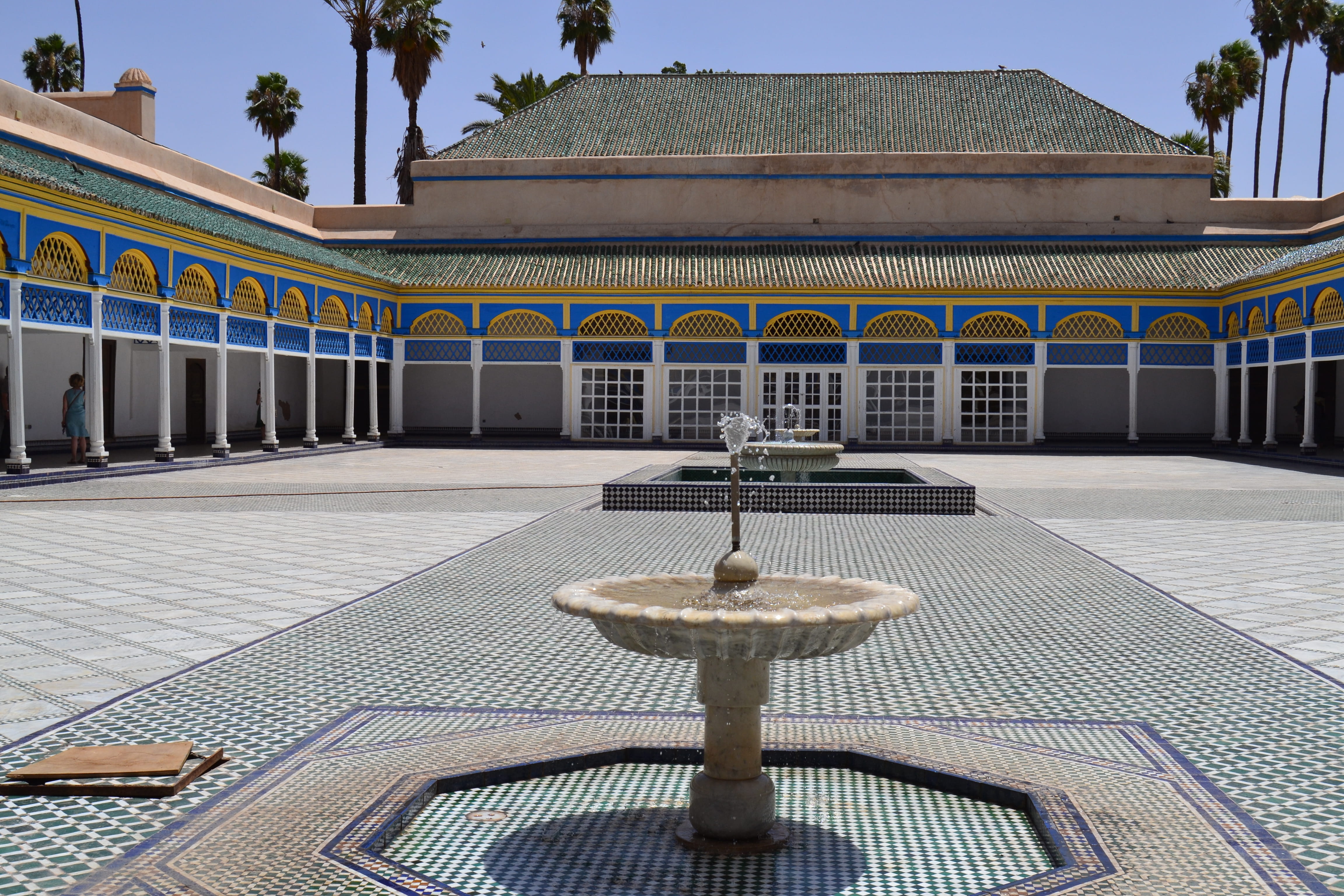 place of worship, building exterior, nature, 4K, potted plant, fountain, no people, railing, marrakech, pool, built structure, outdoors, architecture, HD Wallpaper