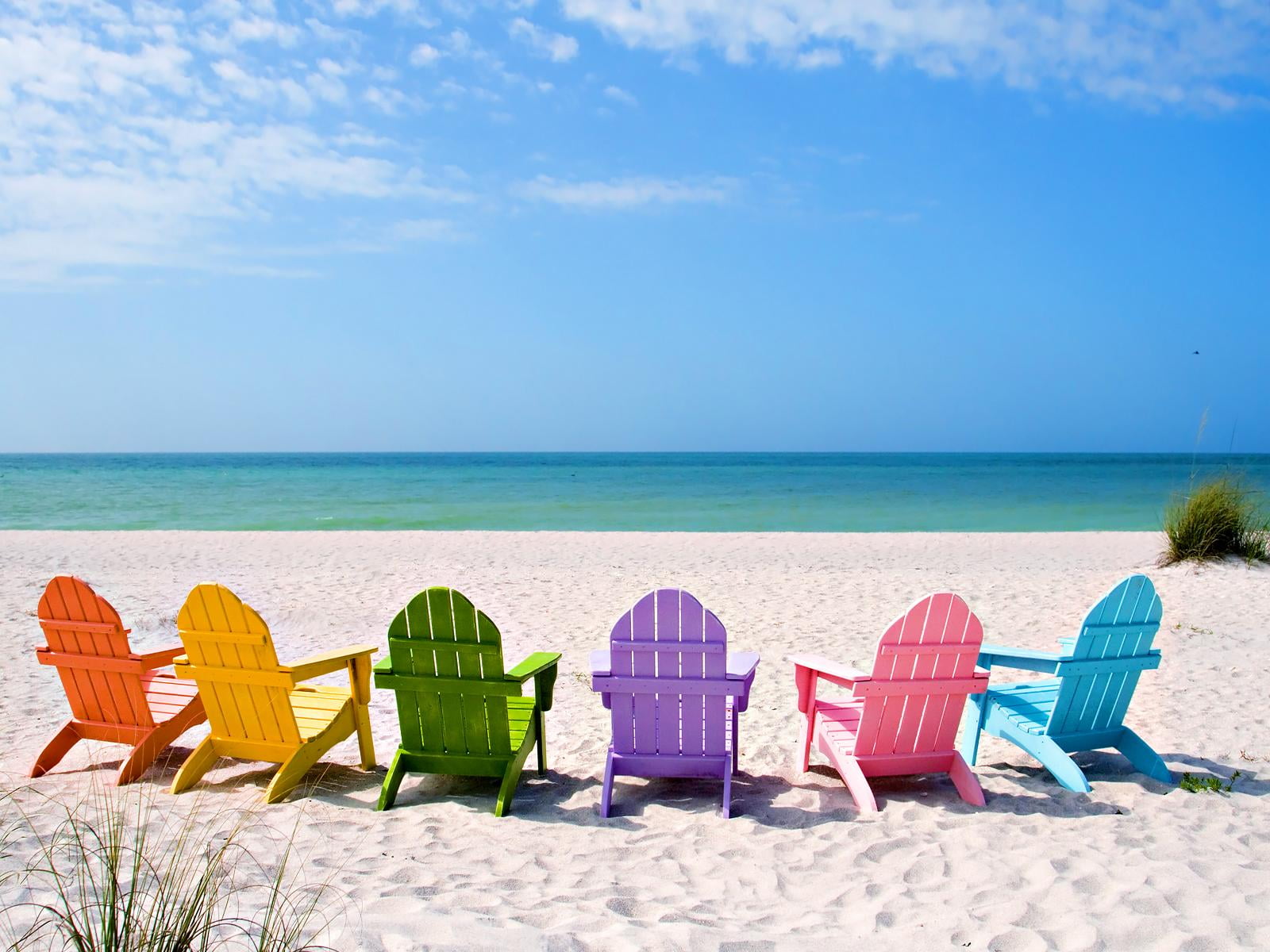 scenics - nature, sand, assorted, adirondack, Beach, Nature, water, outdoor chair, color, horizon over water, tranquility, ocean, chairs, seat, 720P, tranquil scene, HD Wallpaper